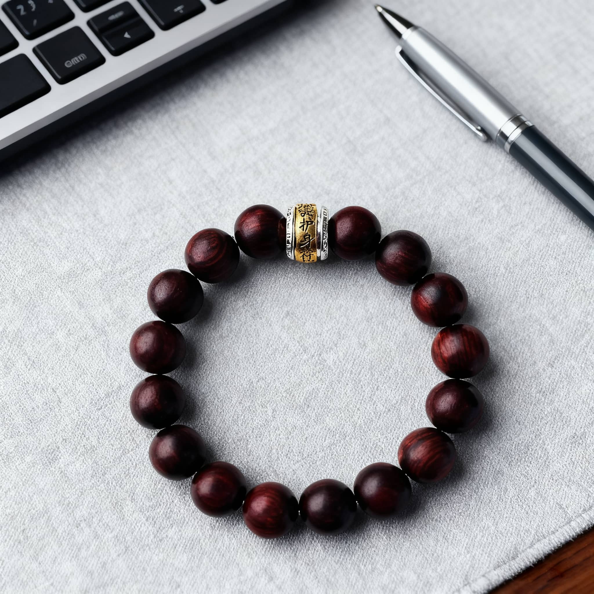 Antique rosewood mala bracelet with a brass accent on a gray fabric surface
