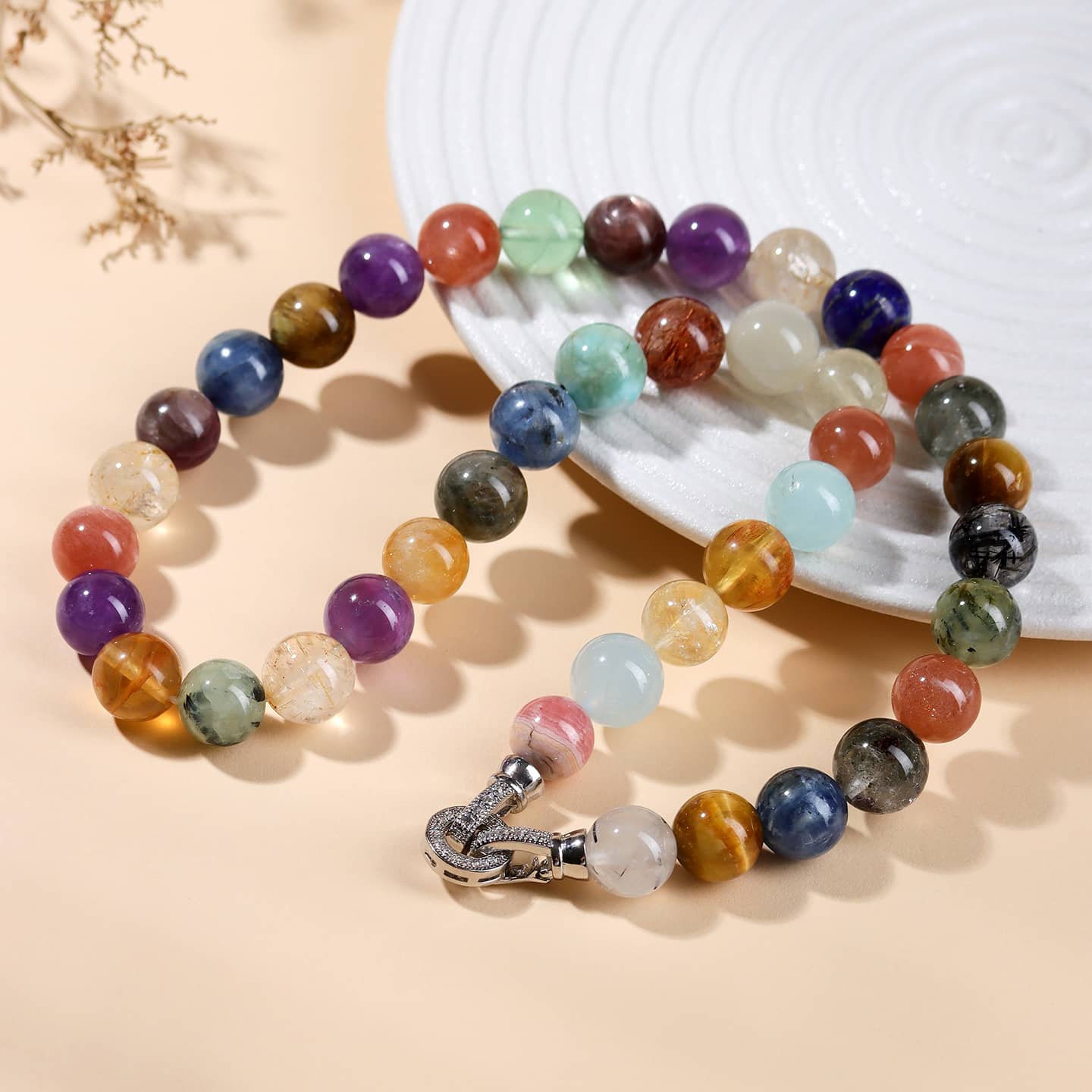 Anxiety gemstone necklace made of colorful polished stones for calming and stress relief