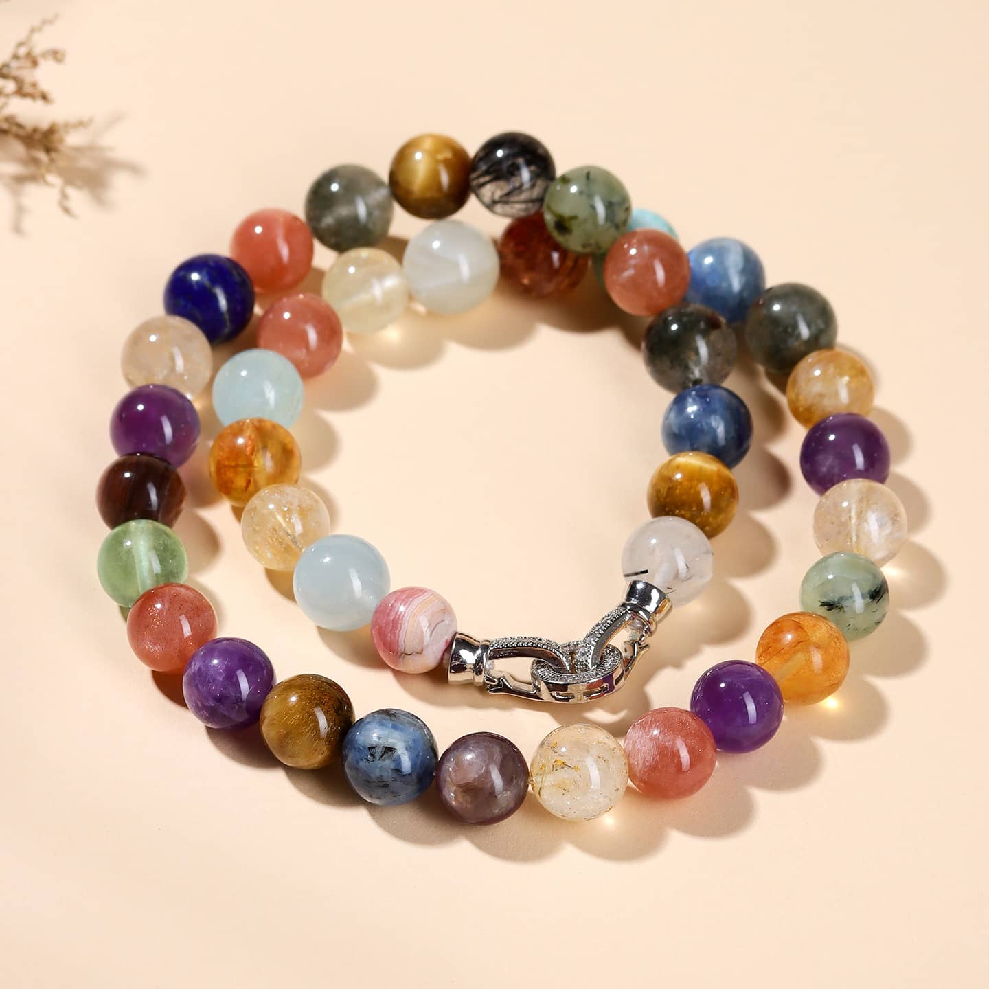 Anxiety gemstone necklace featuring colorful natural stones designed to promote calmness and support emotional wellbeing