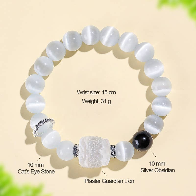 Anxiety relief bracelet featuring Cat's Eye Stone, Plaster Guardian Lion, and Silver Obsidian beads