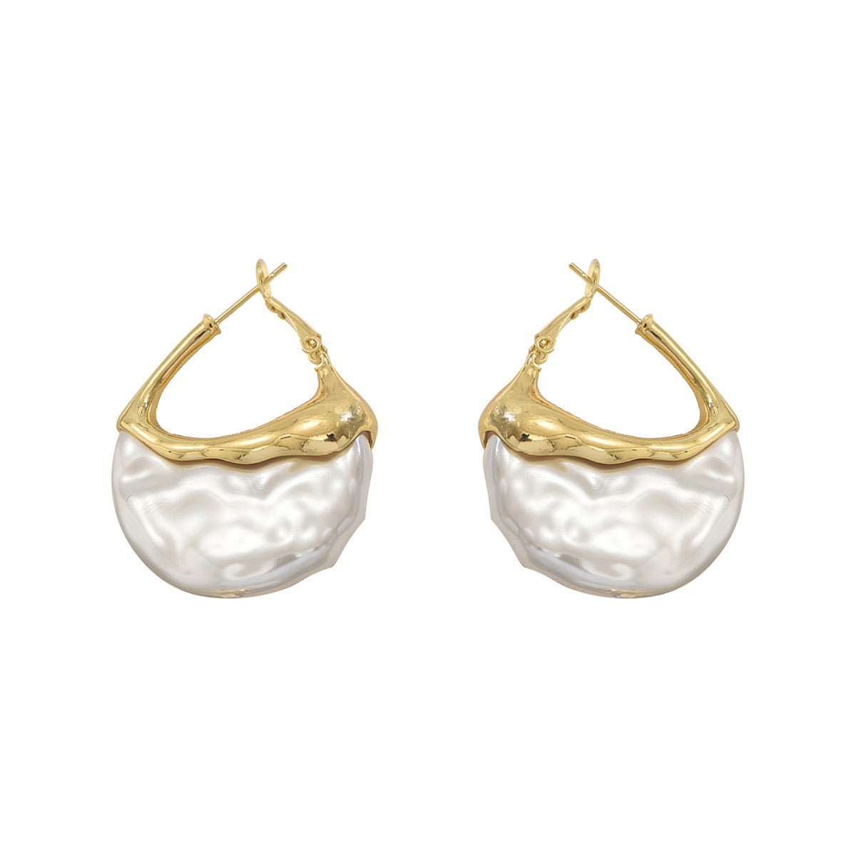 Elegant pearl earrings for women gold hoop with irregular white baroque pearls and hinged closure