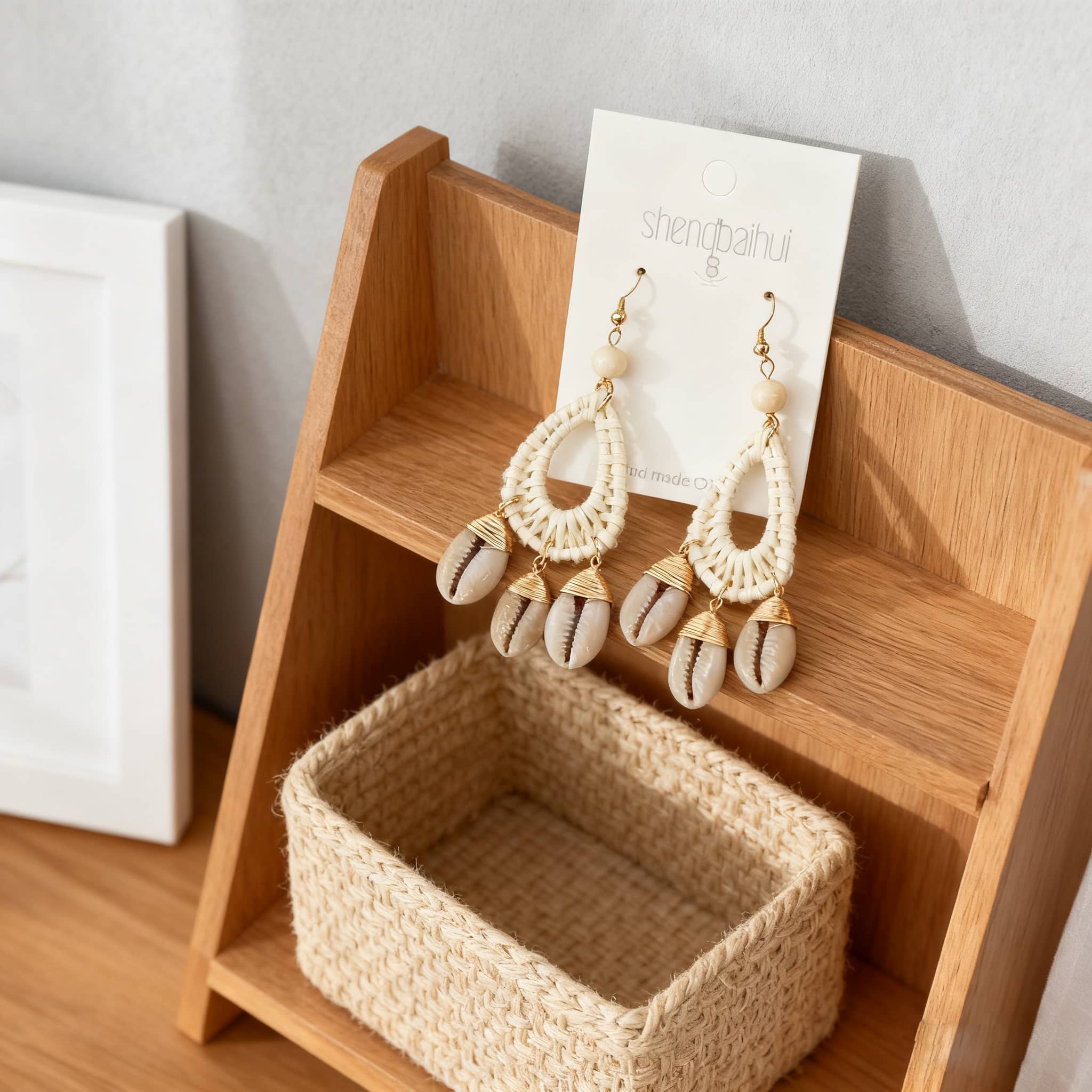 Bamboo and seashell drop earrings displayed on a wooden stand with a natural aesthetic