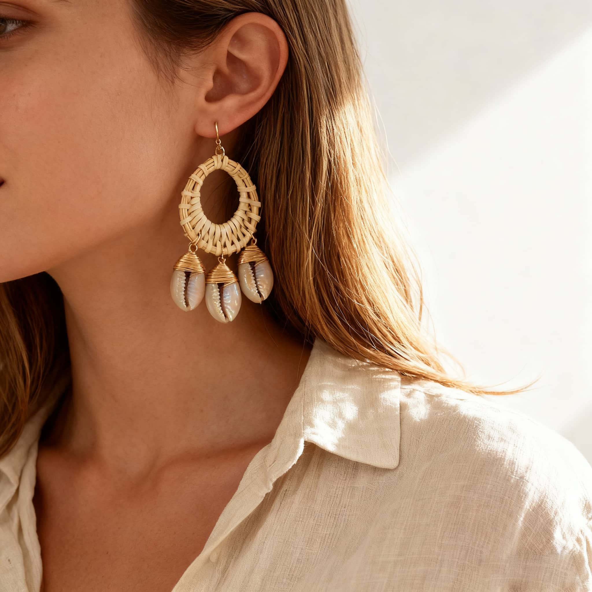 Stylish bamboo and seashell drop earrings for a chic summer look