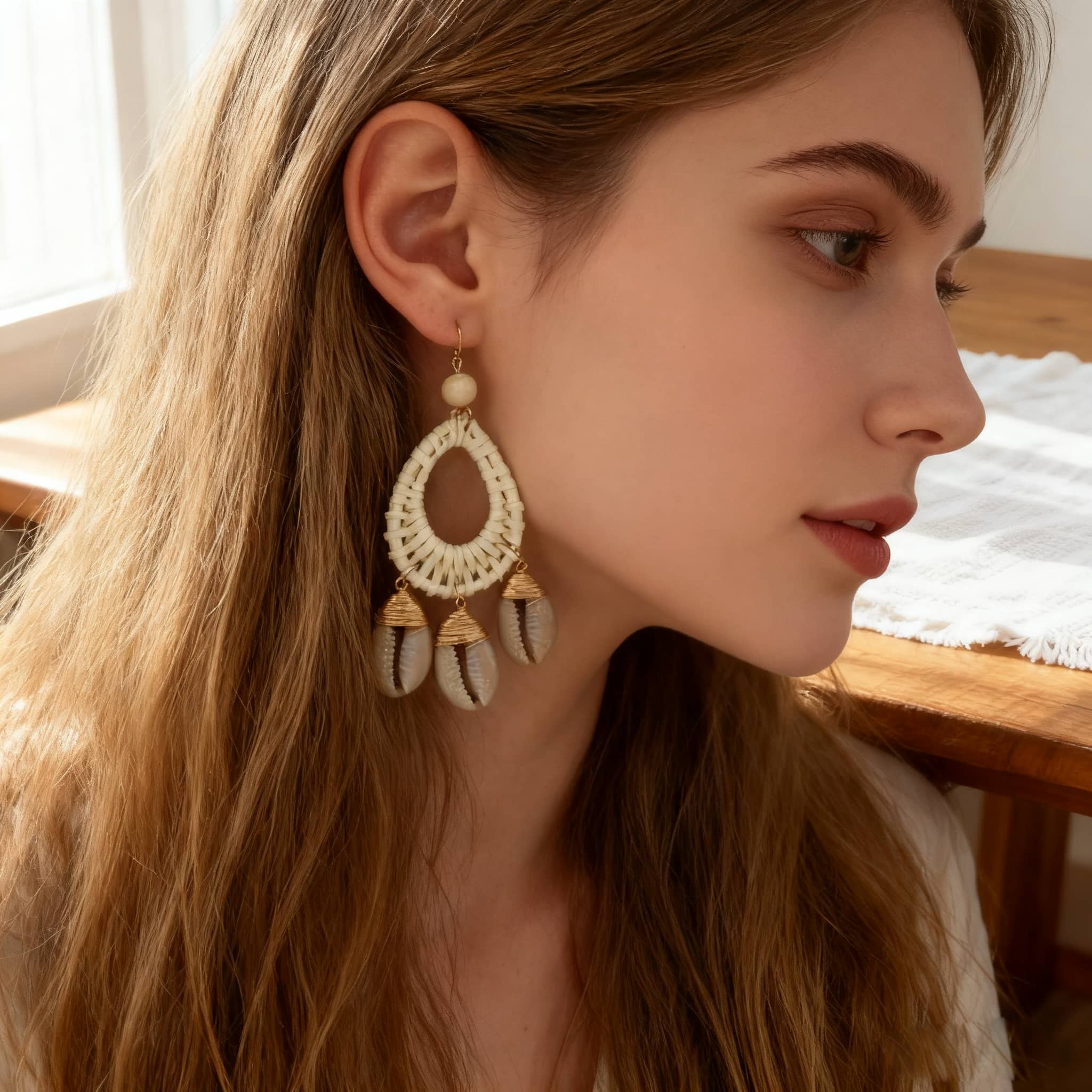 Elegant bamboo and seashell drop earrings with intricate design for a stylish look