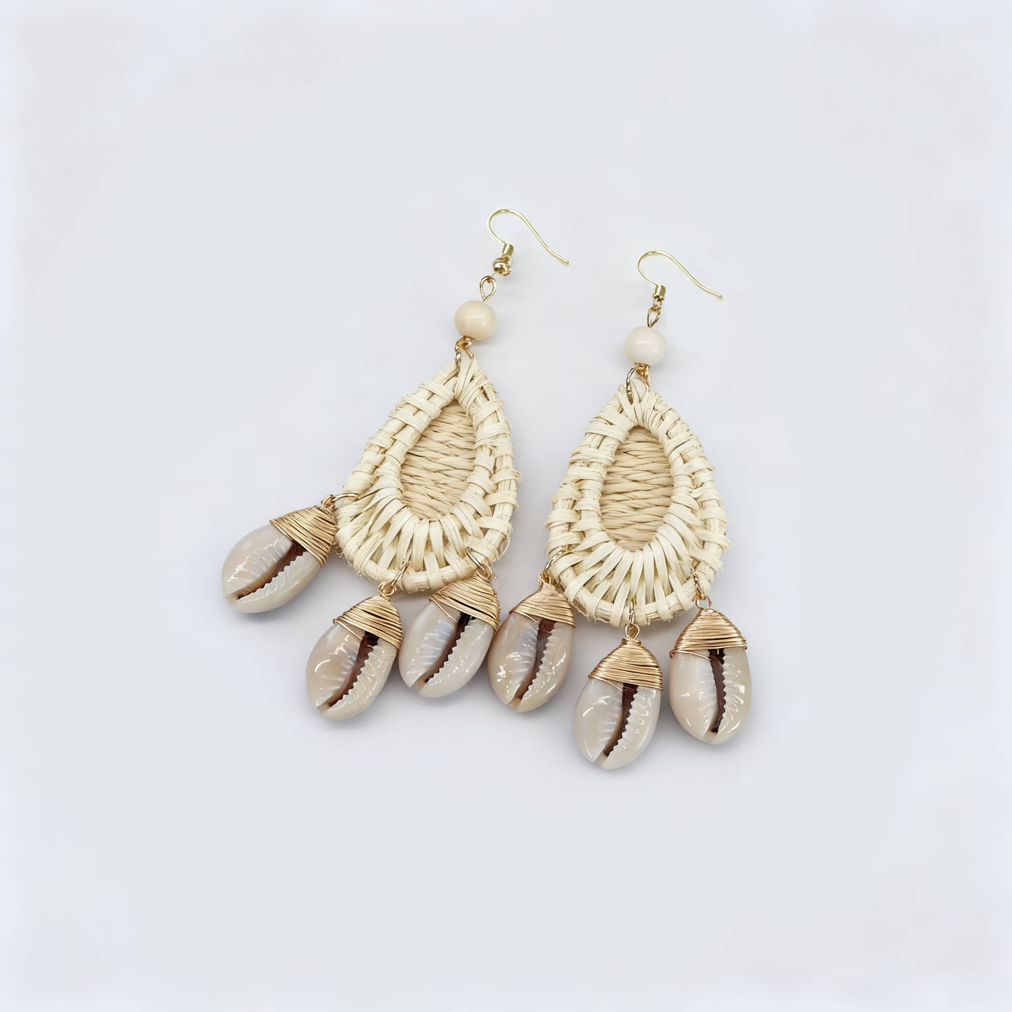 Bamboo and seashell drop earrings with woven design and elegant natural elements