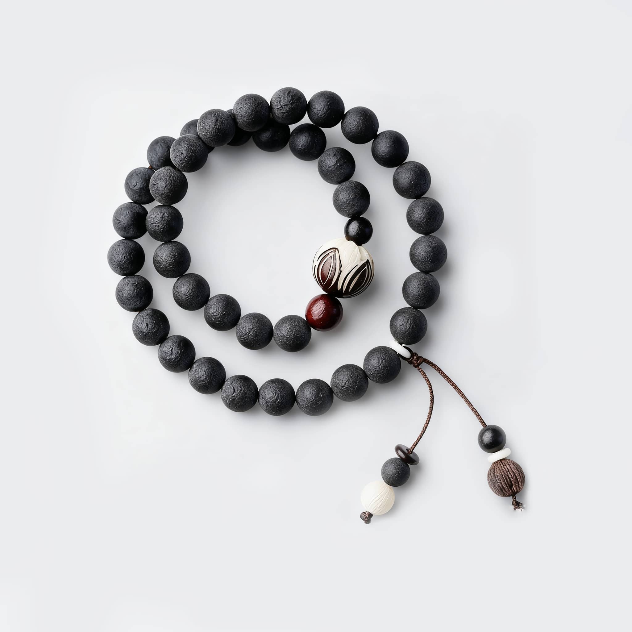 Black amber double wrap bracelet with natural wooden beads and decorative accent beads