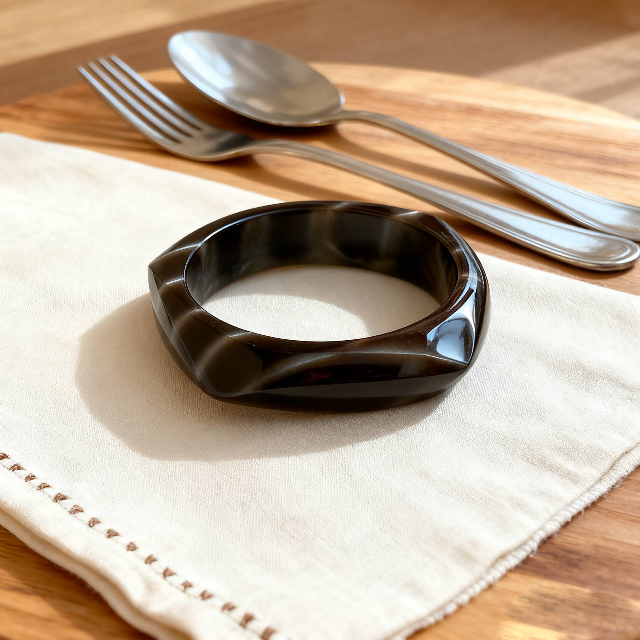 Stylish black cat eye resin bracelet displayed on a linen napkin with cutlery