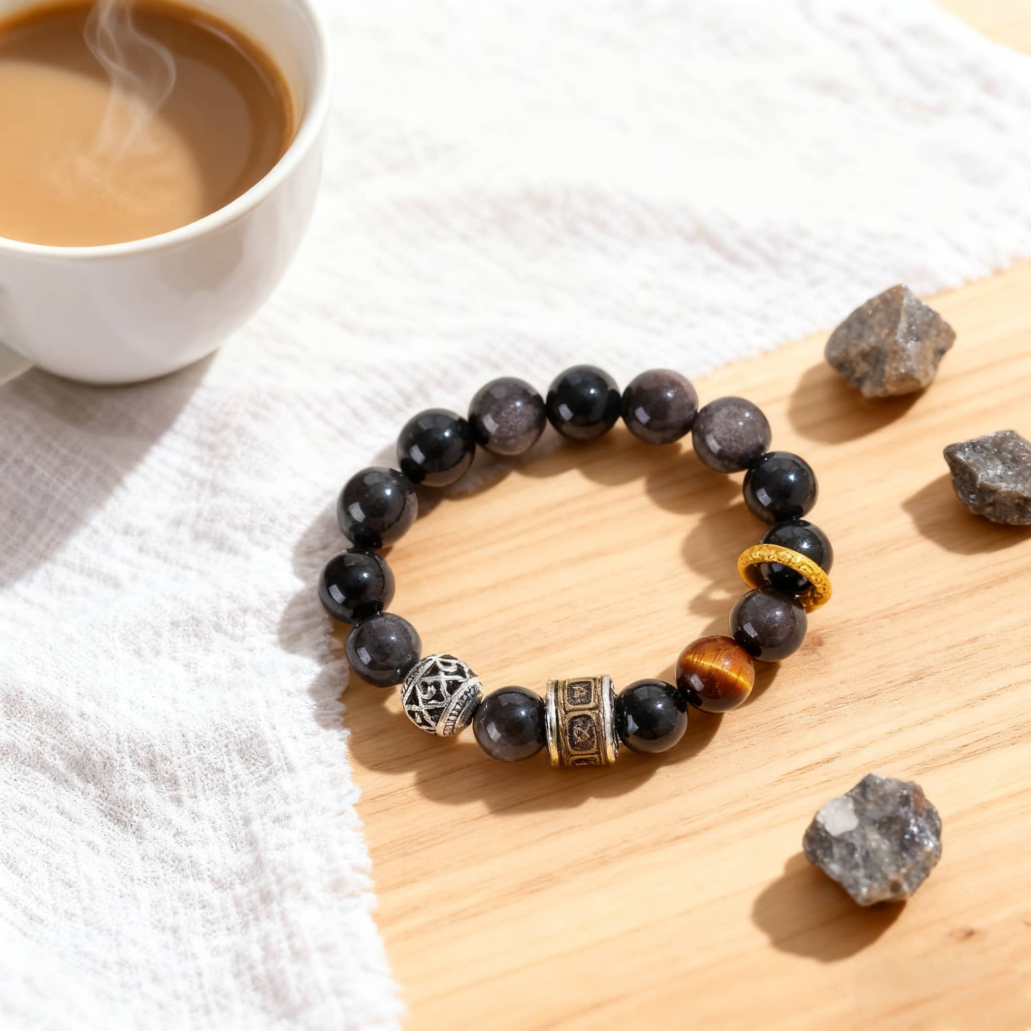 Black obsidian anxiety bracelet featuring gold and silver accents, styled with coffee and natural stones