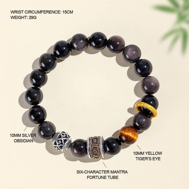 Black obsidian anxiety bracelet with silver and tiger's eye accents for calming stress
