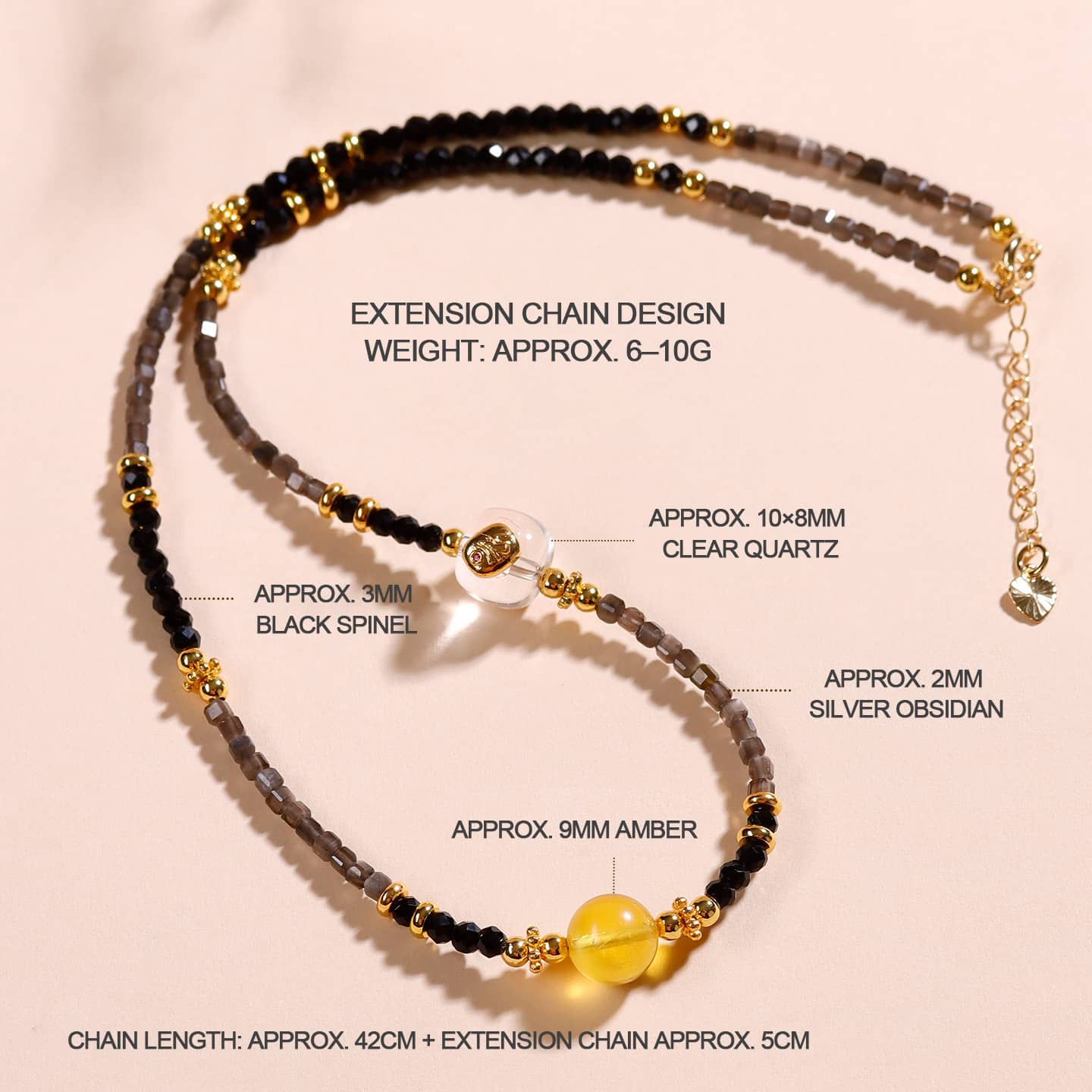 5 Senses black obsidian spinel anxiety choker with amber, quartz, and detailed gold accents