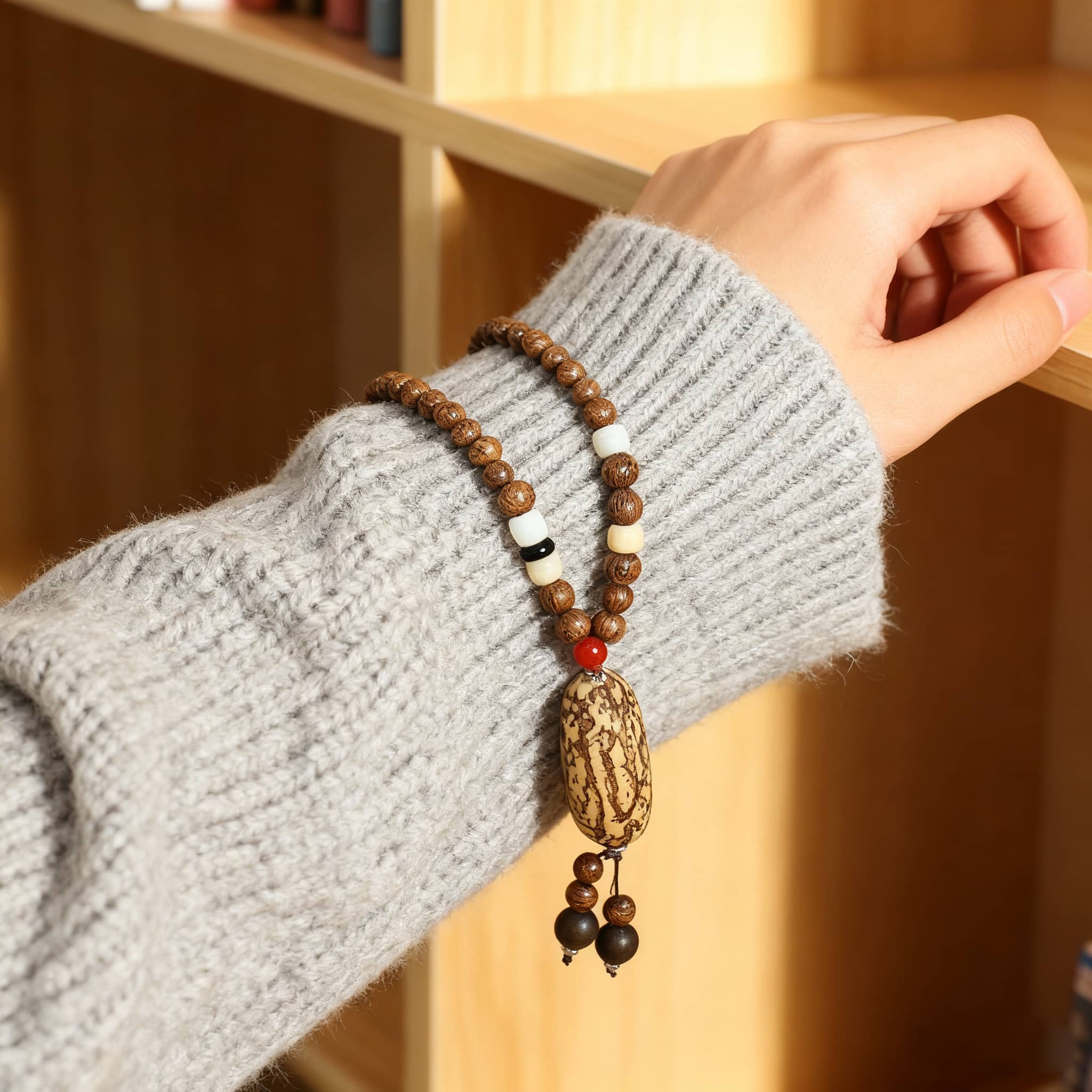 Hand wearing a bodhi seed wood bead necklace with unique patterns and colorful accents
