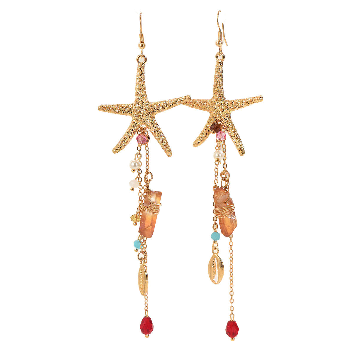 Gold starfish dangle earrings with shell charms pearls beads turquoise and red accents ocean inspired statement jewelry