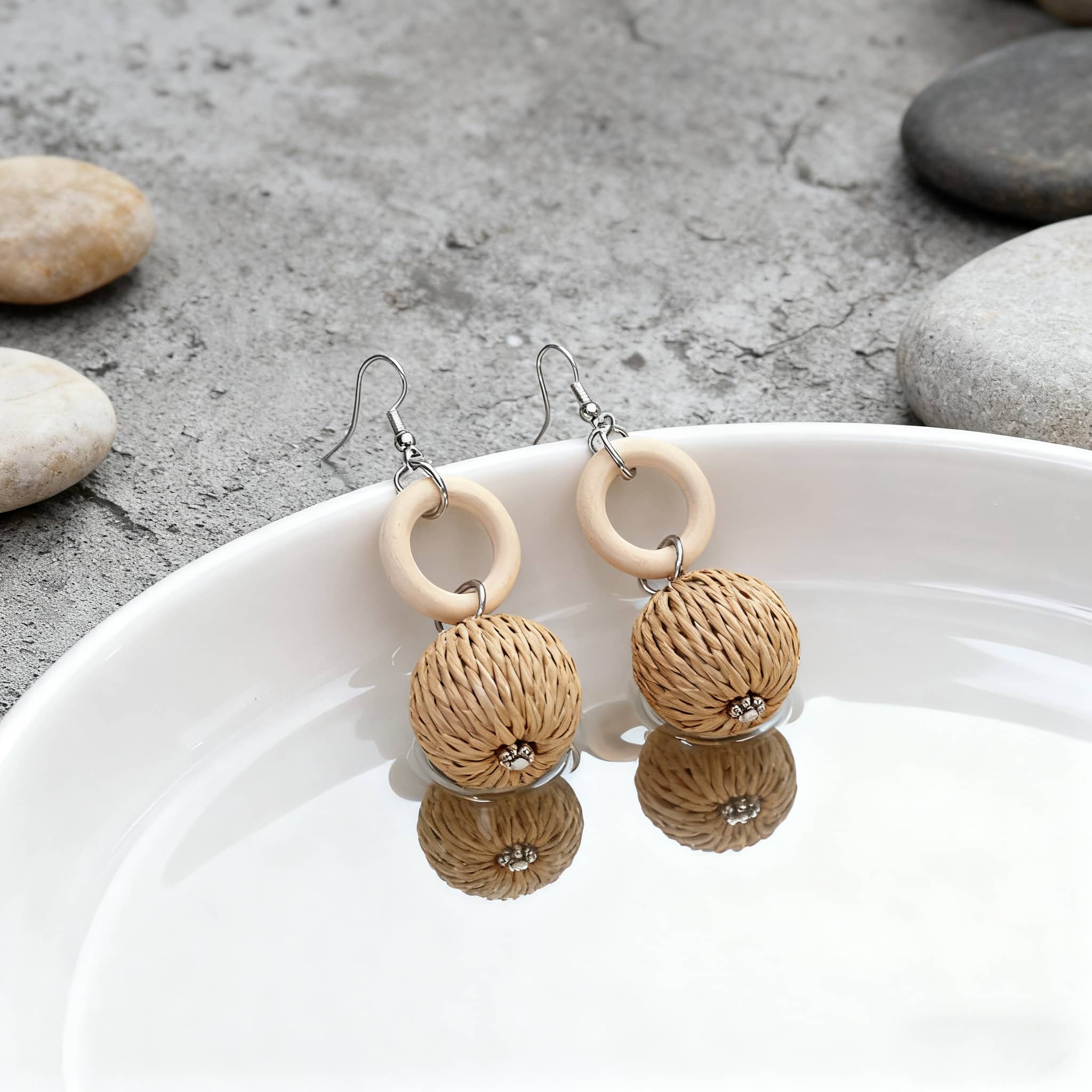 Bamboo woven earrings with natural textures and silver hooks for a stylish look