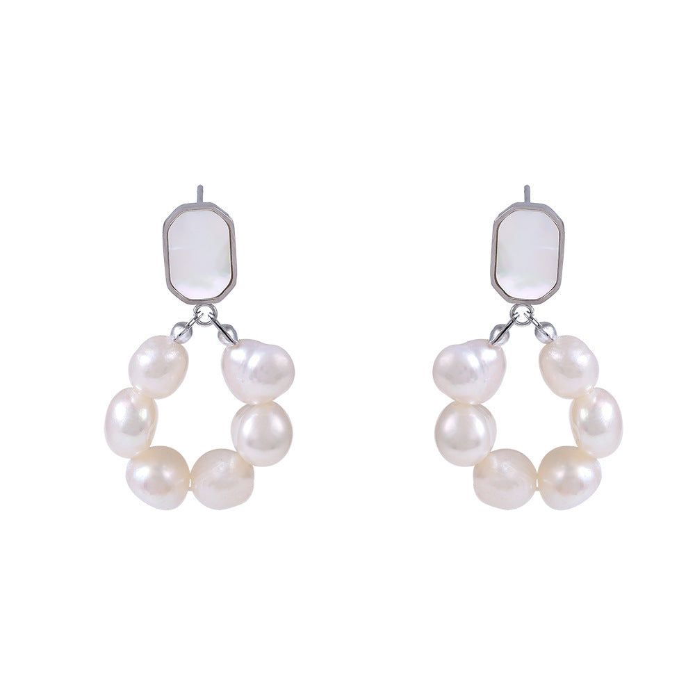Calm freshwater pearl hoop earrings with irregular pearls and silver rectangular studs