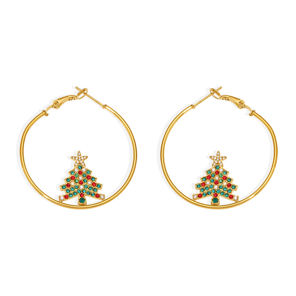 Gold hoop holiday charm earrings for women with colorful Christmas tree pendants