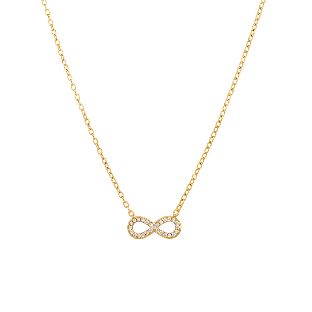 Gold infinity zircon necklace with sparkling stones on delicate chain