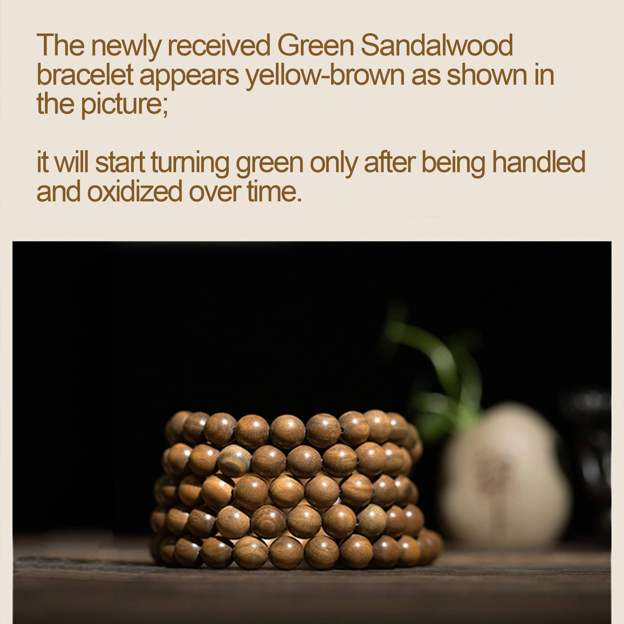 Green sandalwood mala bracelet showcasing its yellow-brown color before oxidation and handling