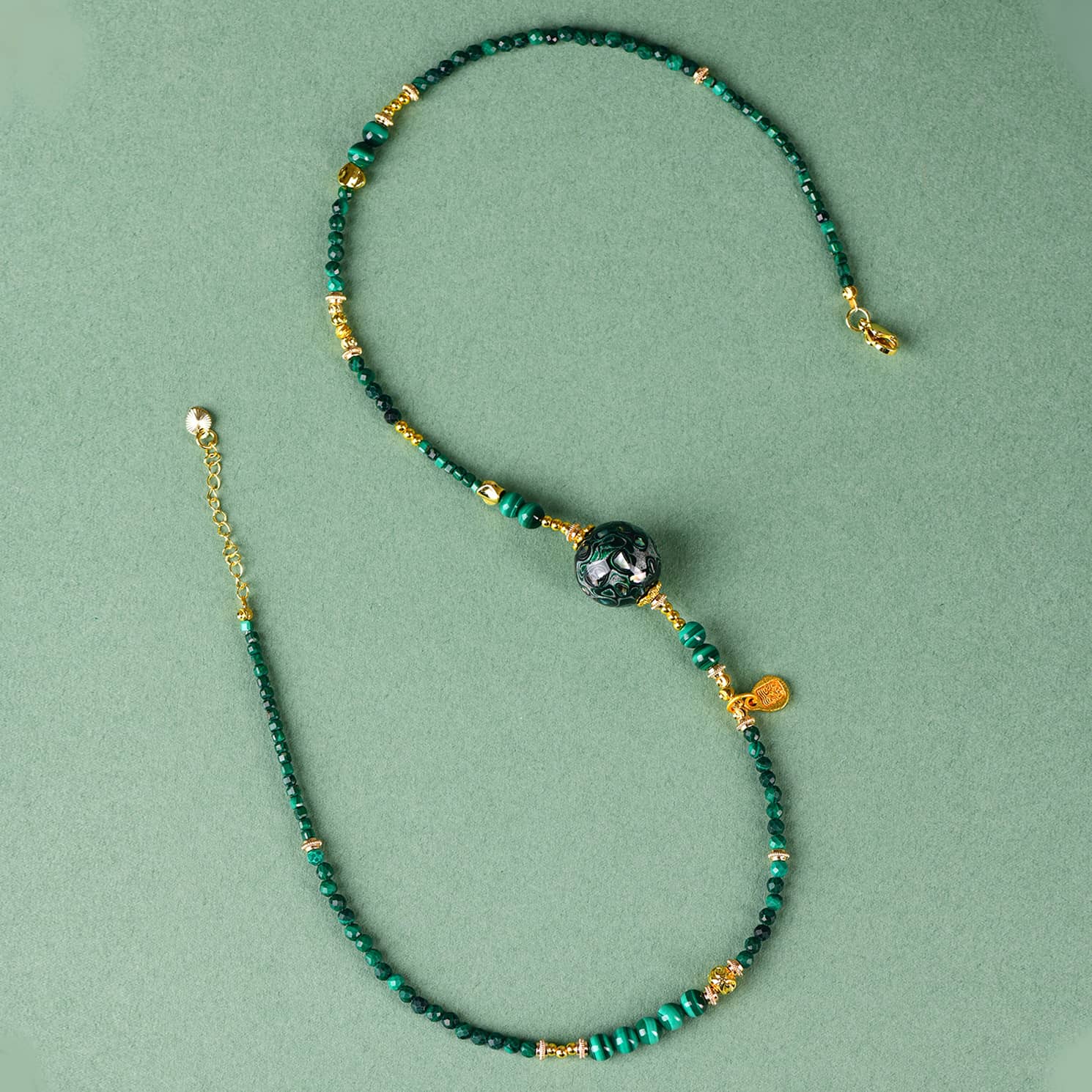 Green Urushi Mindfulness Necklace with Gold Accents and Unique Beads for Relaxation