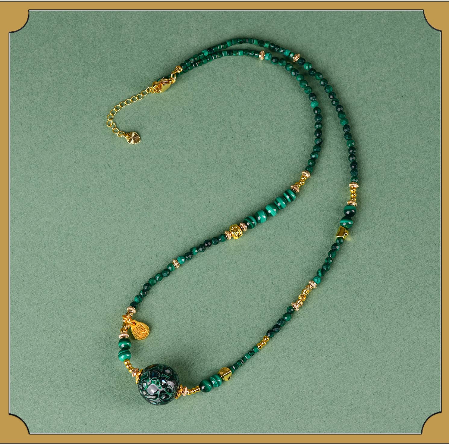 Elegant green urushi mindfulness necklace with gold accents and unique beaded design