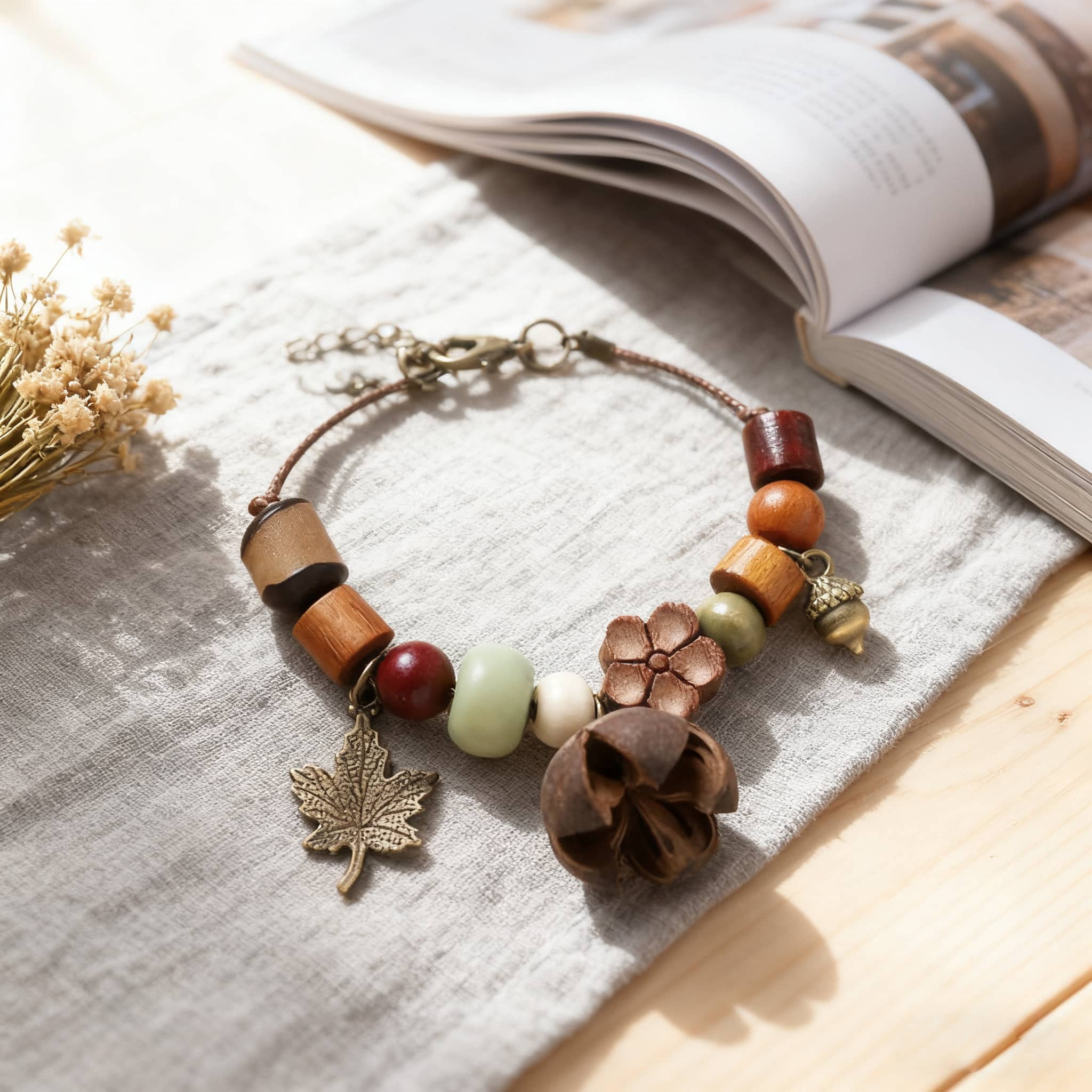 Handcrafted berry and wood bracelet featuring natural textures and colorful beads for a unique accessory