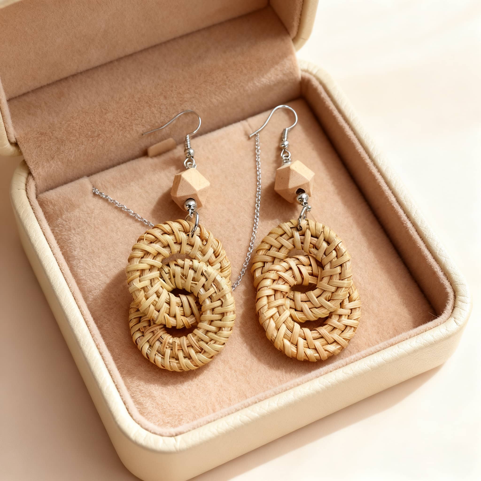 Handmade calming earrings featuring woven design and wooden accents in a gift box