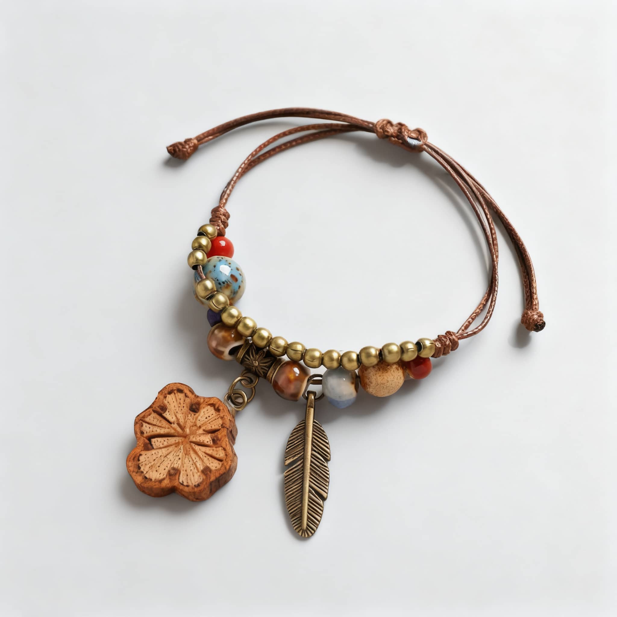 Handmade ceramic botanical bracelet with wooden charm and colorful beads for a unique accessory