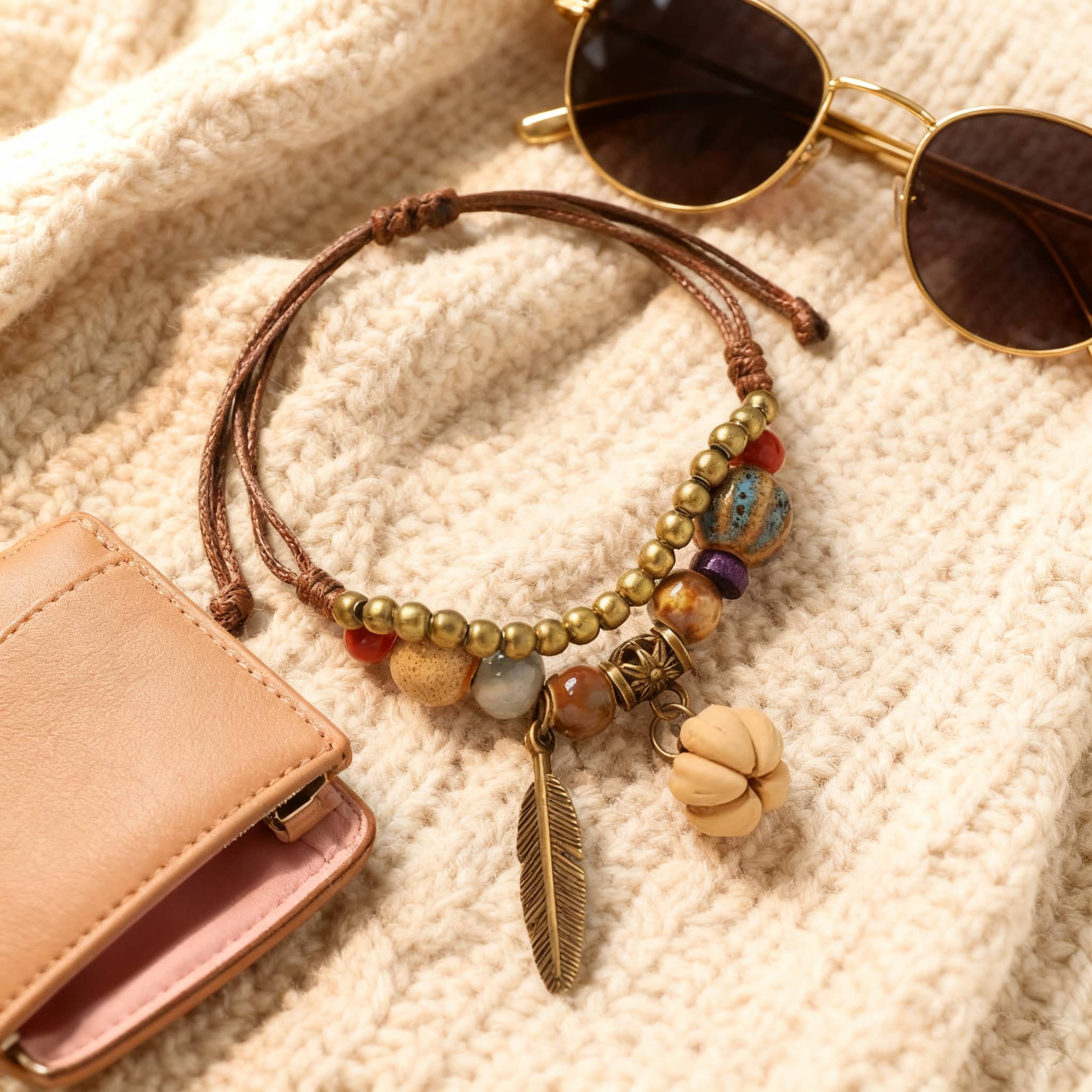 Hawthorn seed ceramic bracelet with colorful beads and feather charm on a cozy background