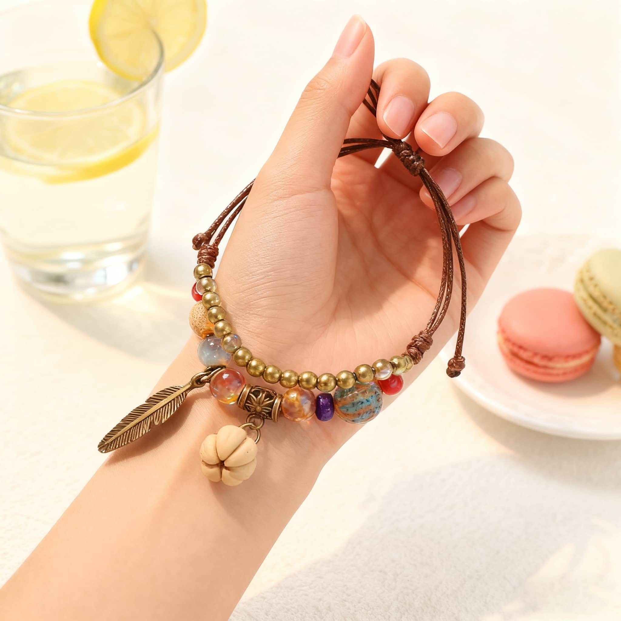 Hand wearing a hawthorn seed ceramic bracelet with colorful beads and feather charm by 我的商店