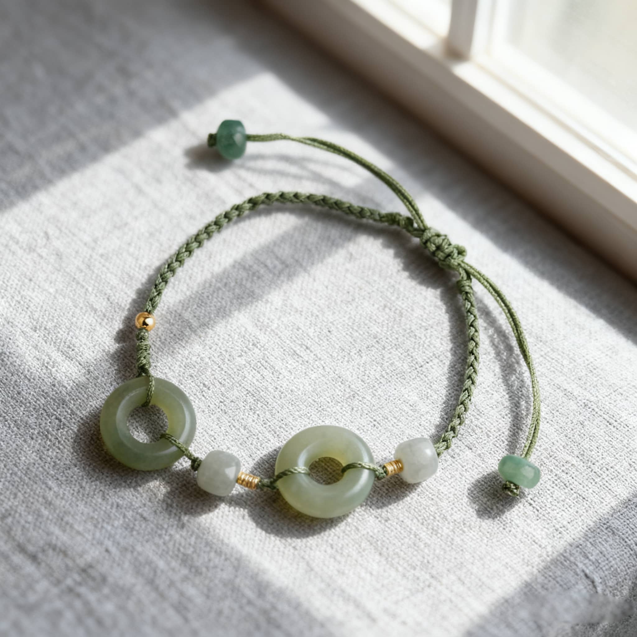 Hetian jade peace buckle bracelet with green braided cord and natural stones for a calming effect