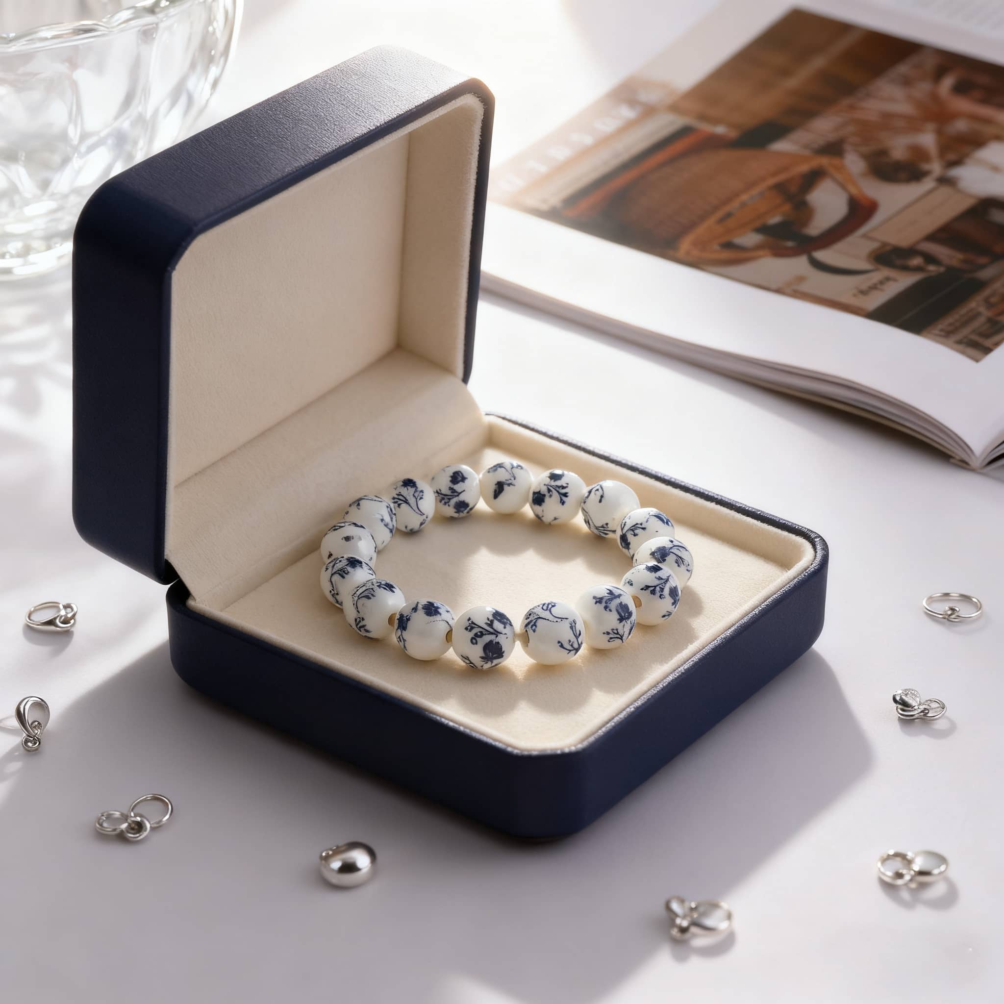 Elegant ink splash porcelain bracelet displayed in a navy jewelry box with a soft interior