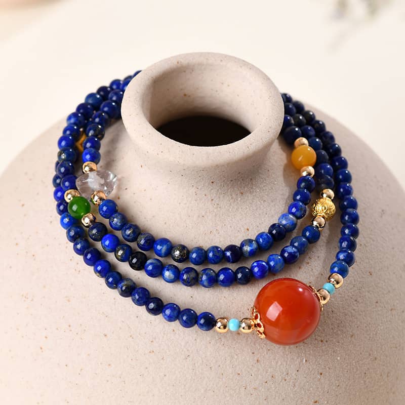Anxious Necklace with Lapis Lazuli and Red Agate Jewelry, featuring vibrant blue and orange beads