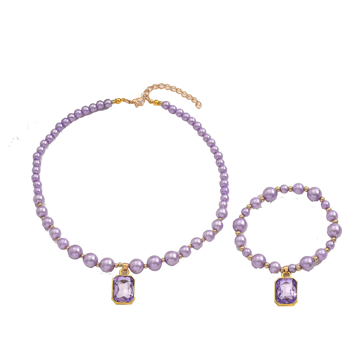 purple zircon pearl jewelry set featuring a necklace and matching bracelet with gold accents