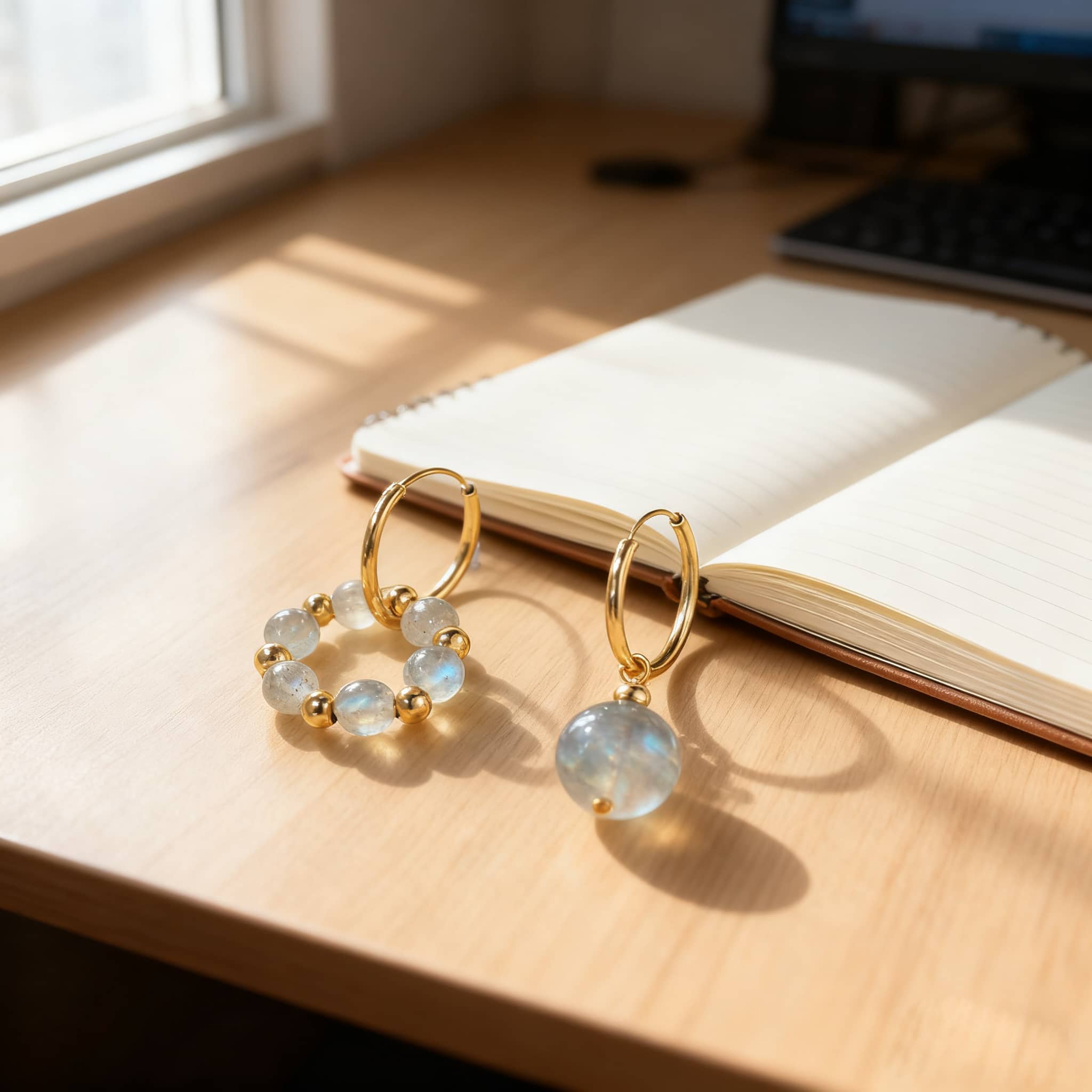 Elegant moonstone anxiety earrings with gold accents, displayed beside an open notebook