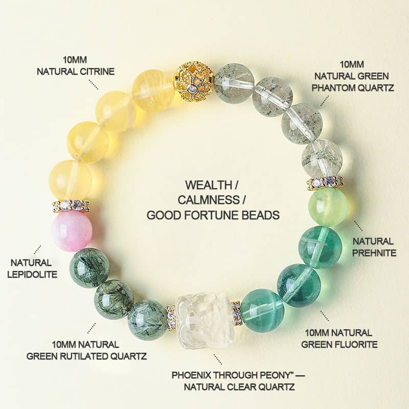 Phoenix and Peony gemstone bracelet with calming and wealth beads like citrine and green fluorite