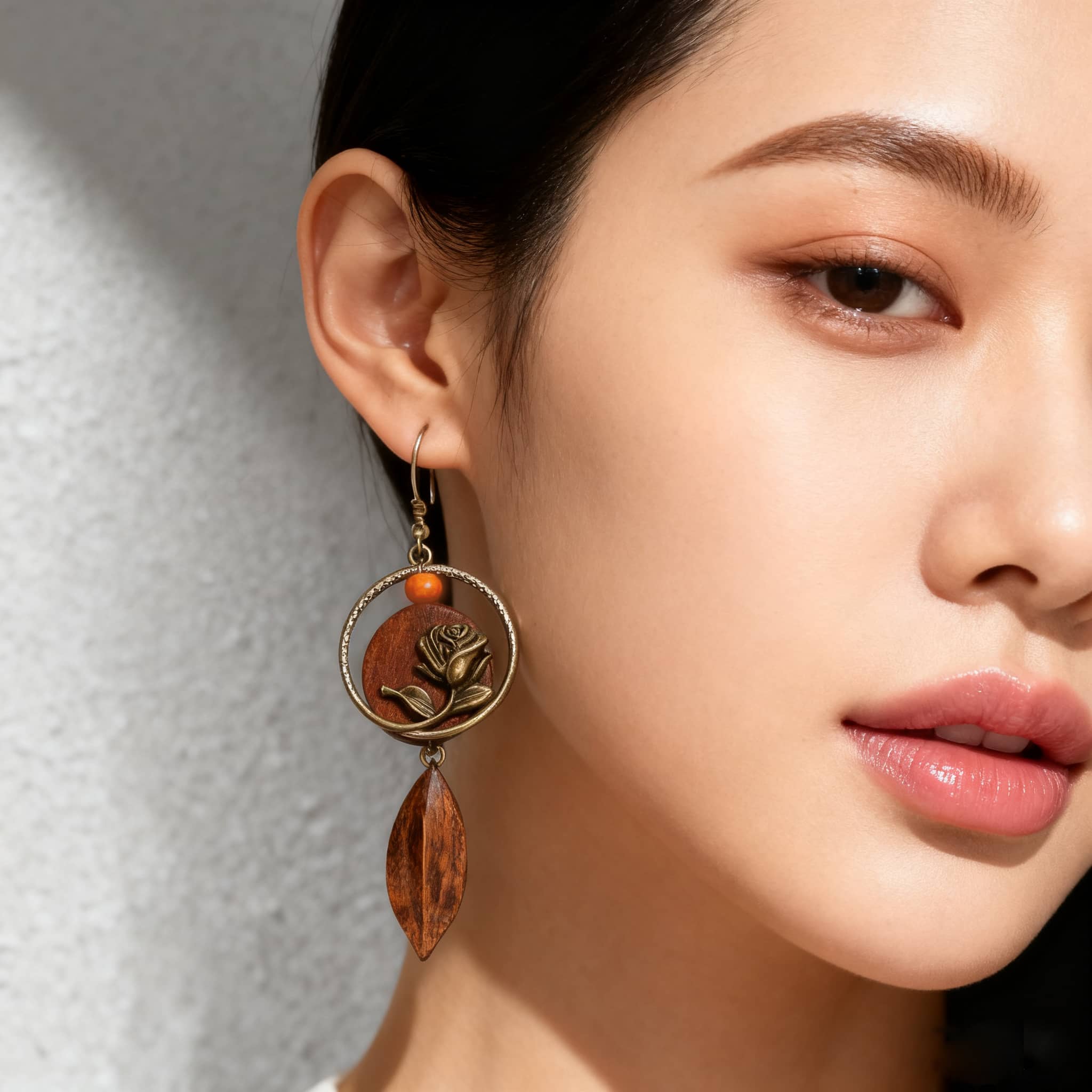Elegant rose wood slice earrings with floral design and amber bead embellishments for a stylish look