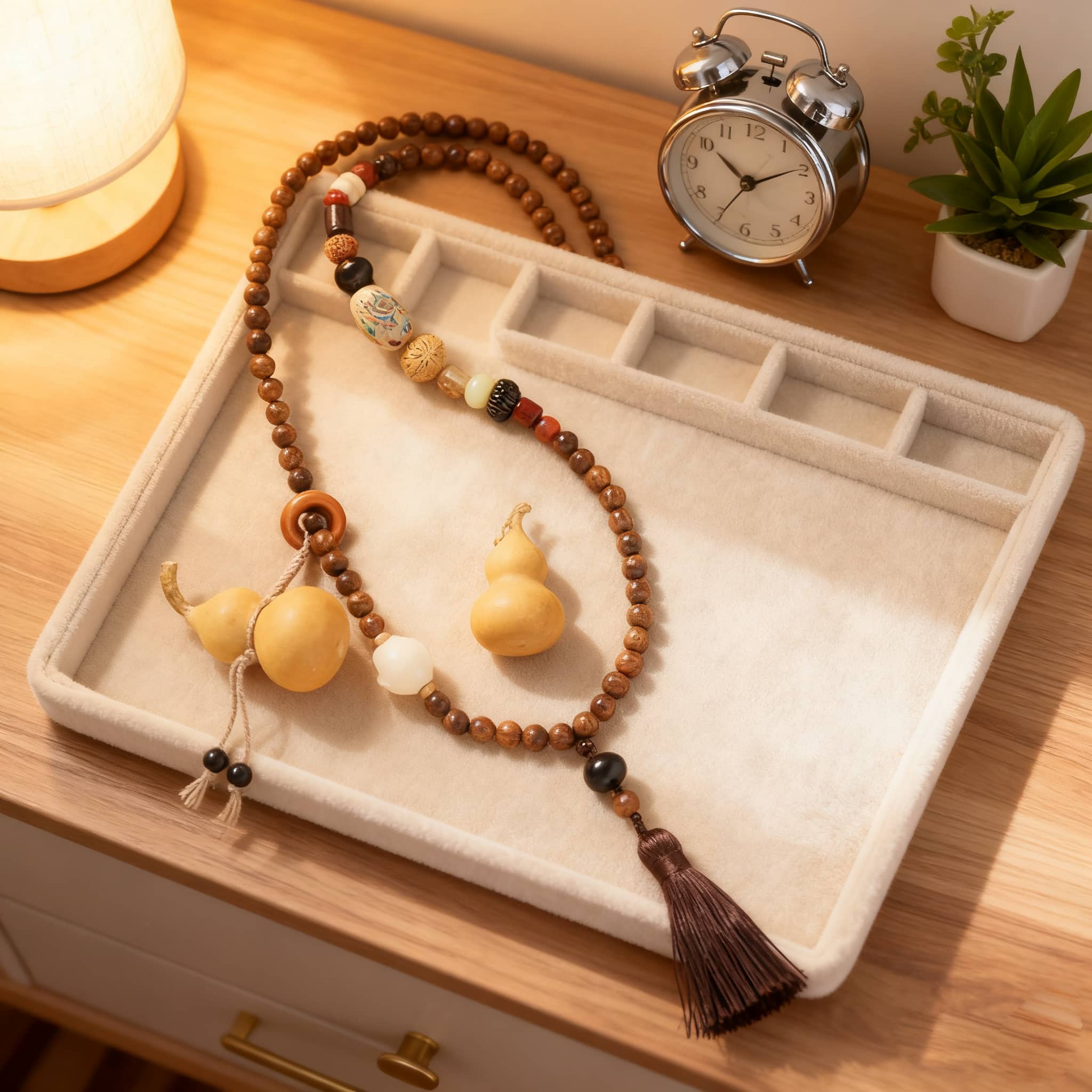Calm necklace featuring a sandalwood bead cross-body chain with decorative elements and tassel