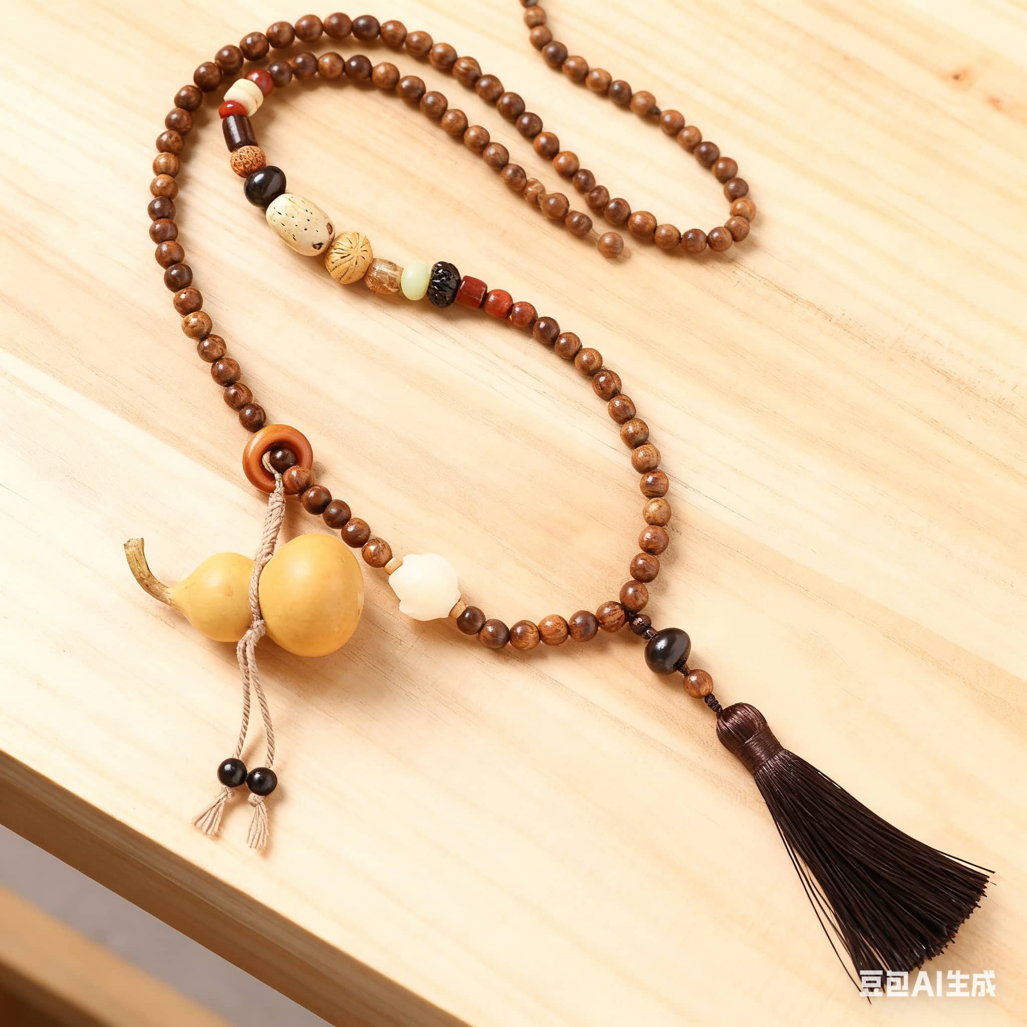 Calm necklace with sandalwood bead cross-body chain and decorative tassel design
