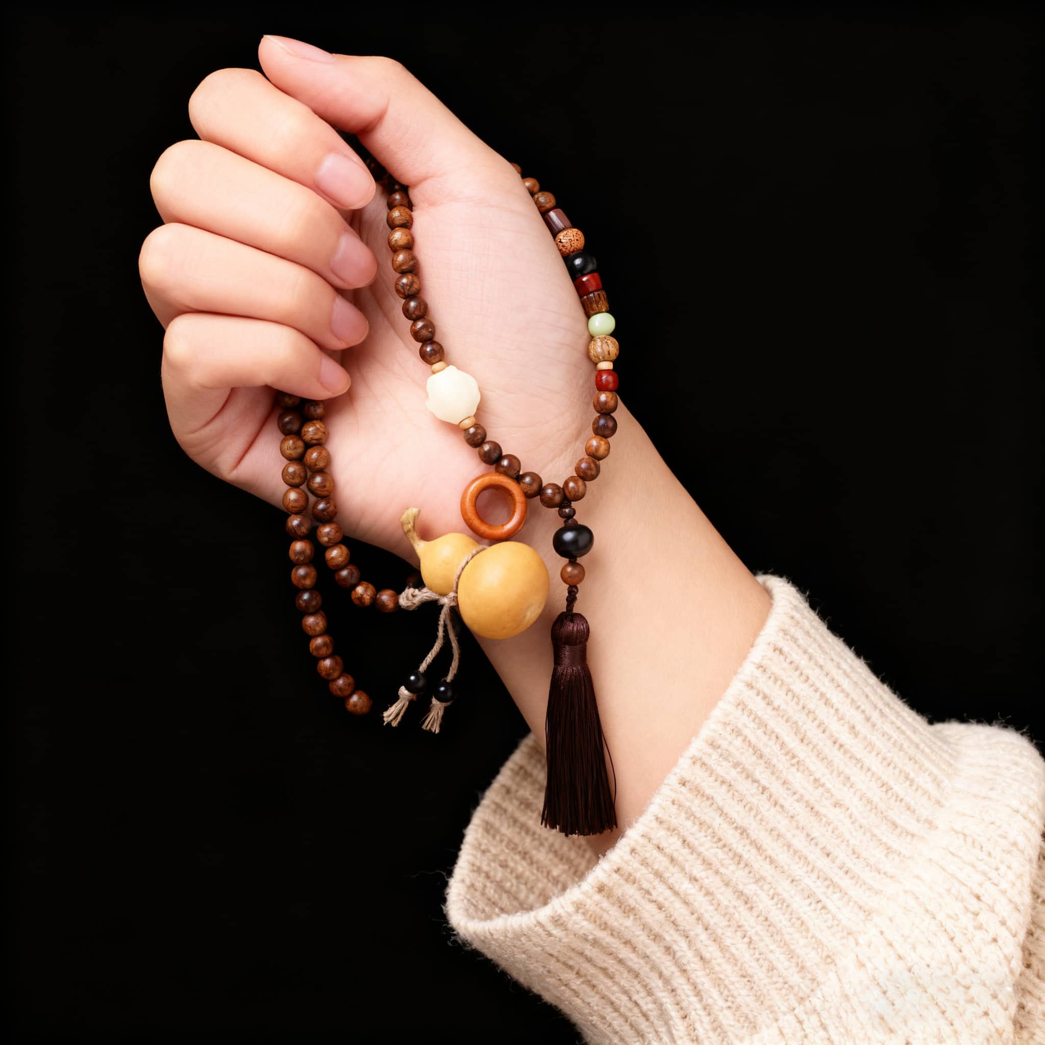 Calm Necklace featuring a sandalwood bead cross-body chain with decorative elements and tassels