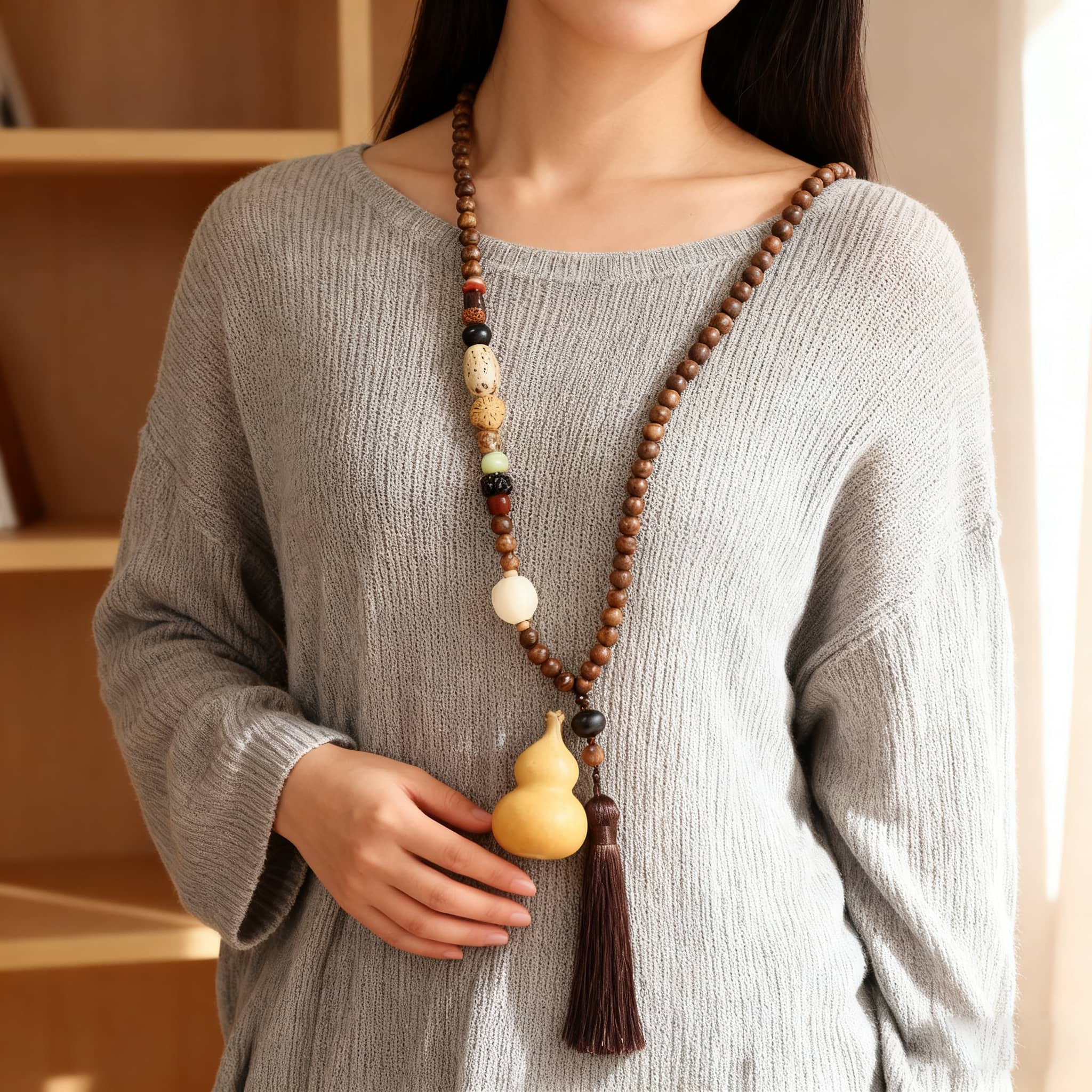 Calm Necklace featuring a sandalwood bead cross-body chain with decorative tassel and gourd pendant