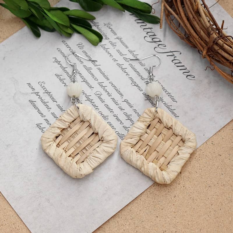 Square rattan earrings for women designed with natural woven patterns for a unique style