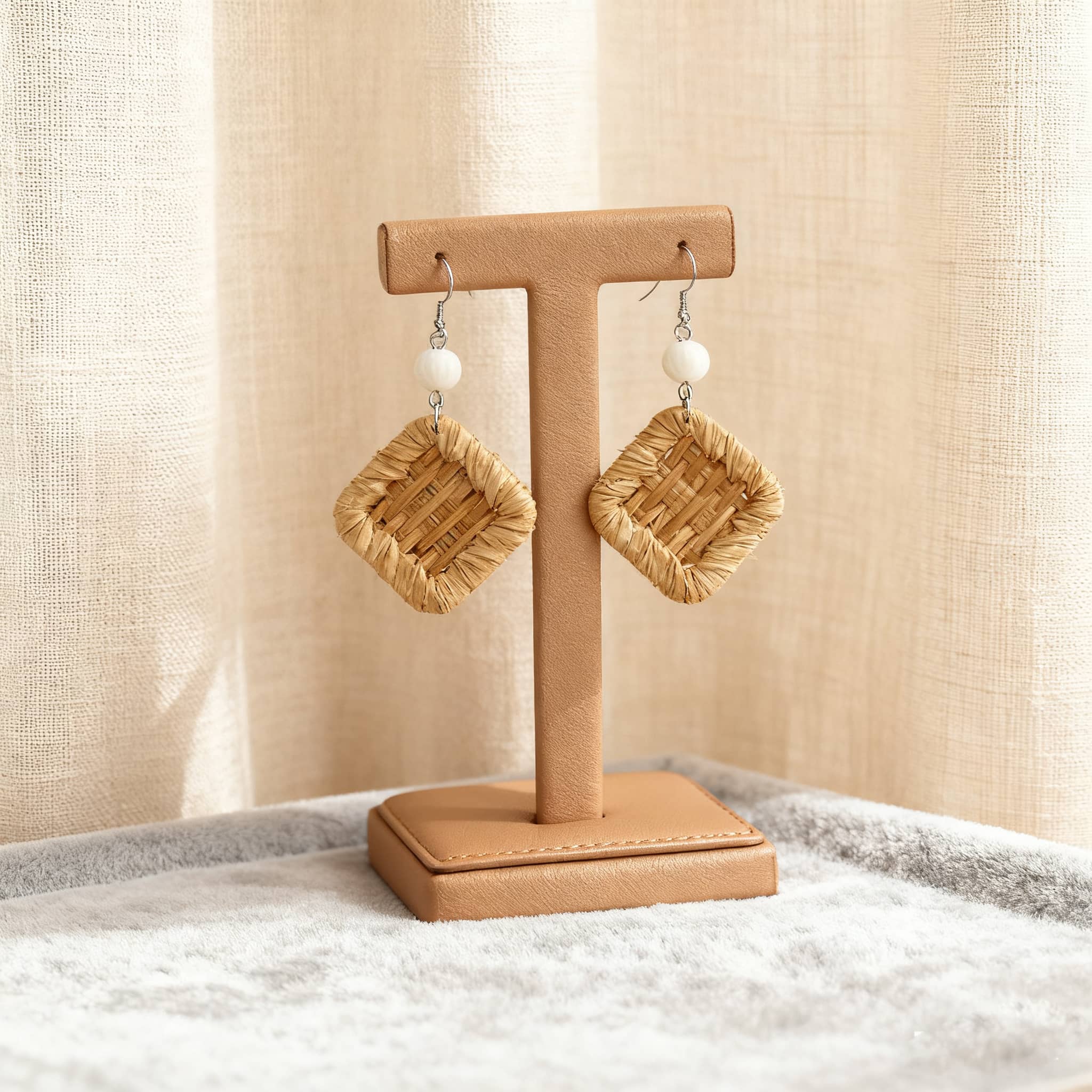 Stylish square rattan earrings for women with decorative beads, perfect for any outfit