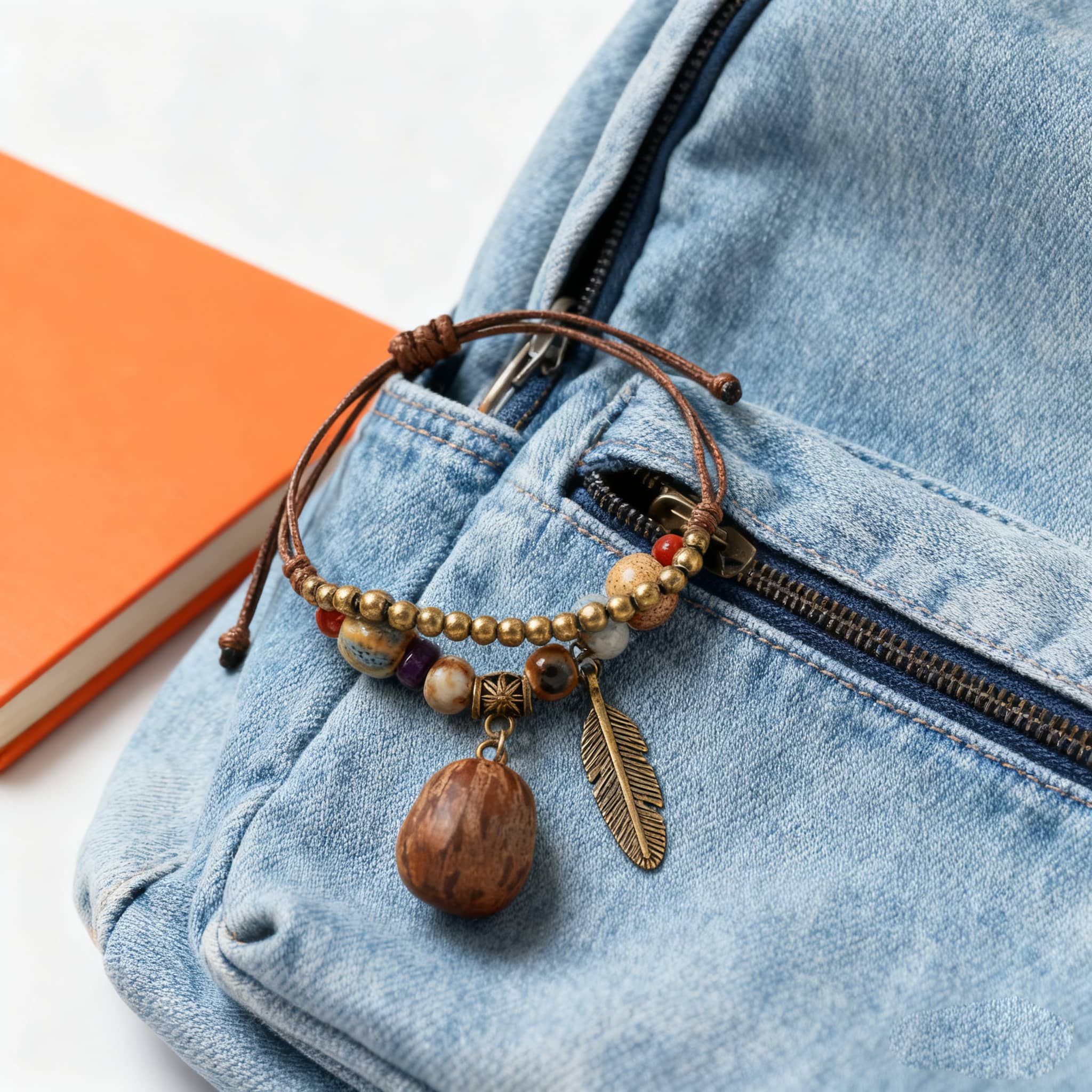 Textured berry charm bracelet with wooden beads and a feather charm on a denim backpack