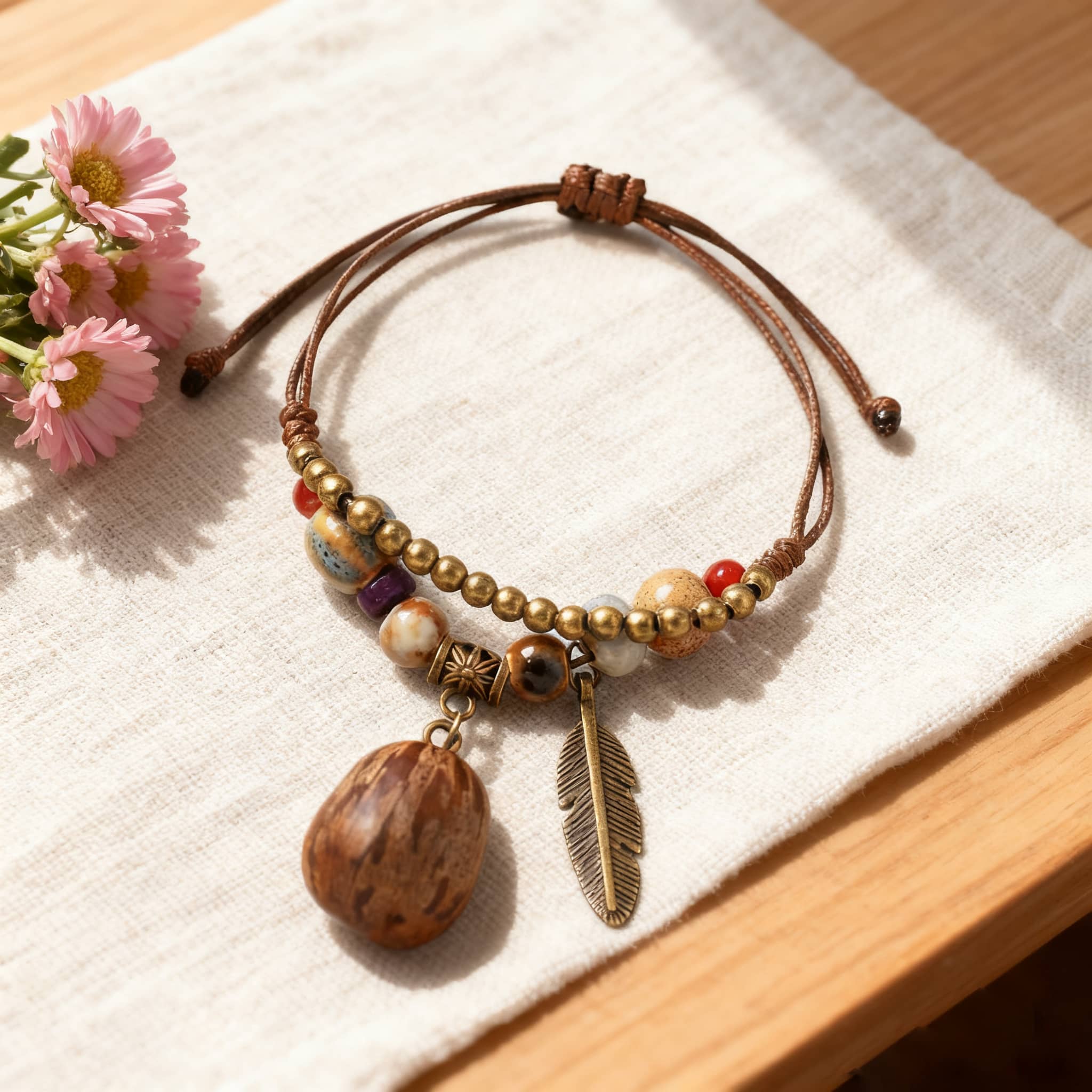 Textured berry charm bracelet featuring wooden beads and decorative charms for stylish accessorizing
