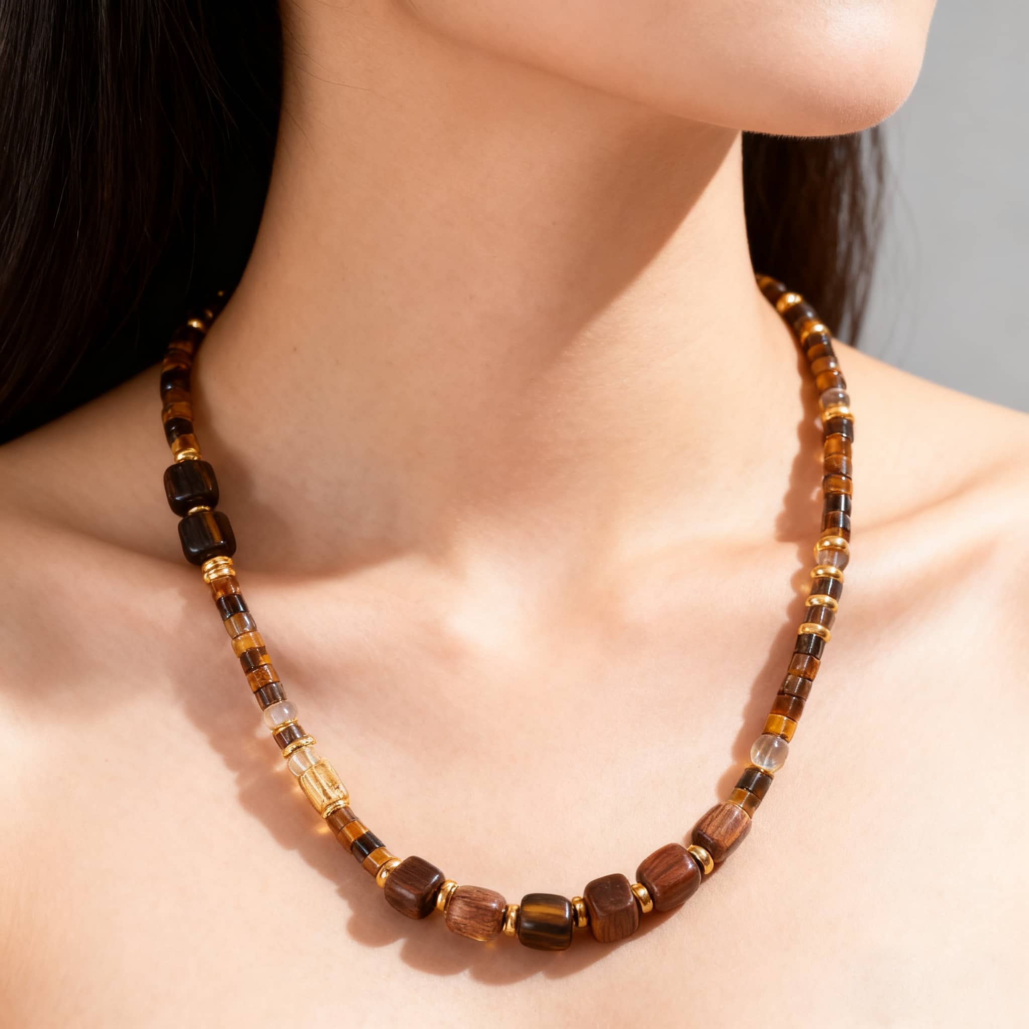 Tiger's eye anxiety necklace from 5 Senses featuring smooth, polished beads for calming energy