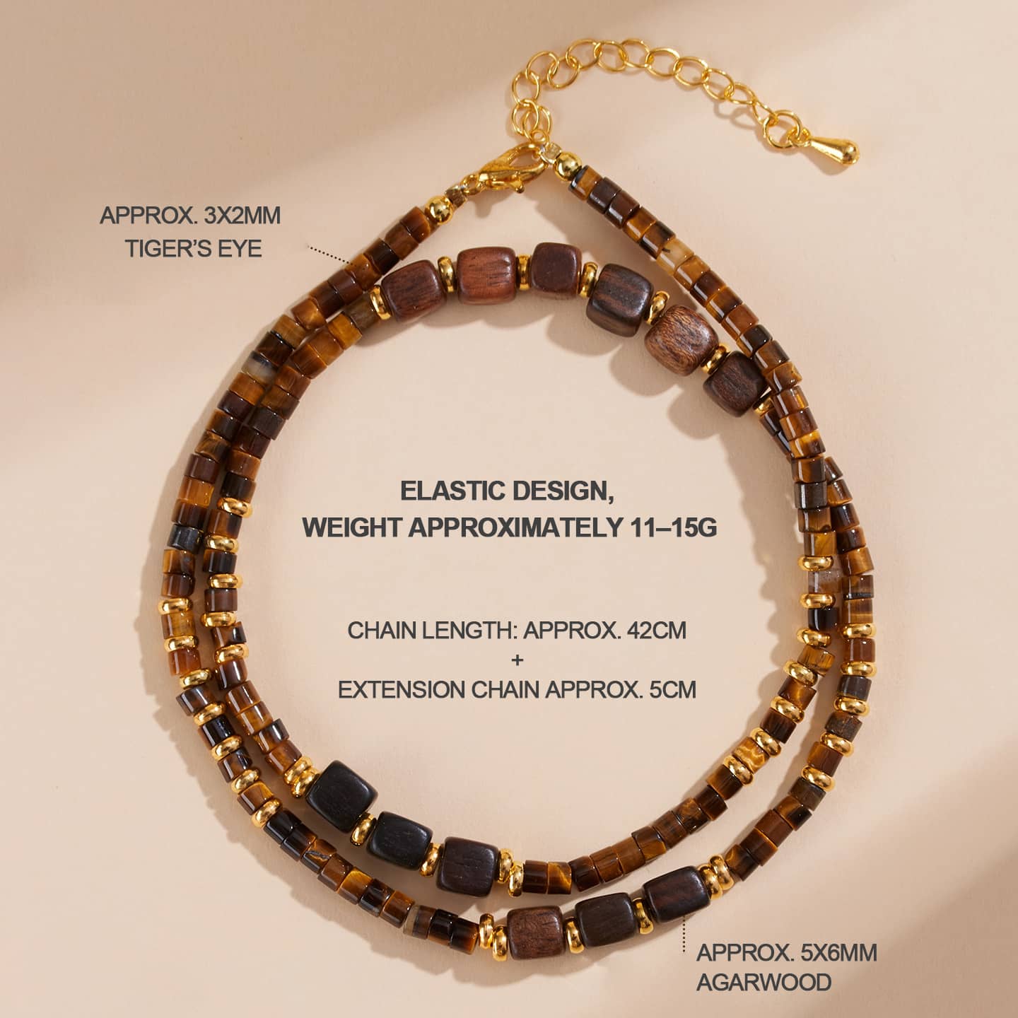 Tiger's eye anxiety necklace with elastic design and agawood beads for calming and stylish wear