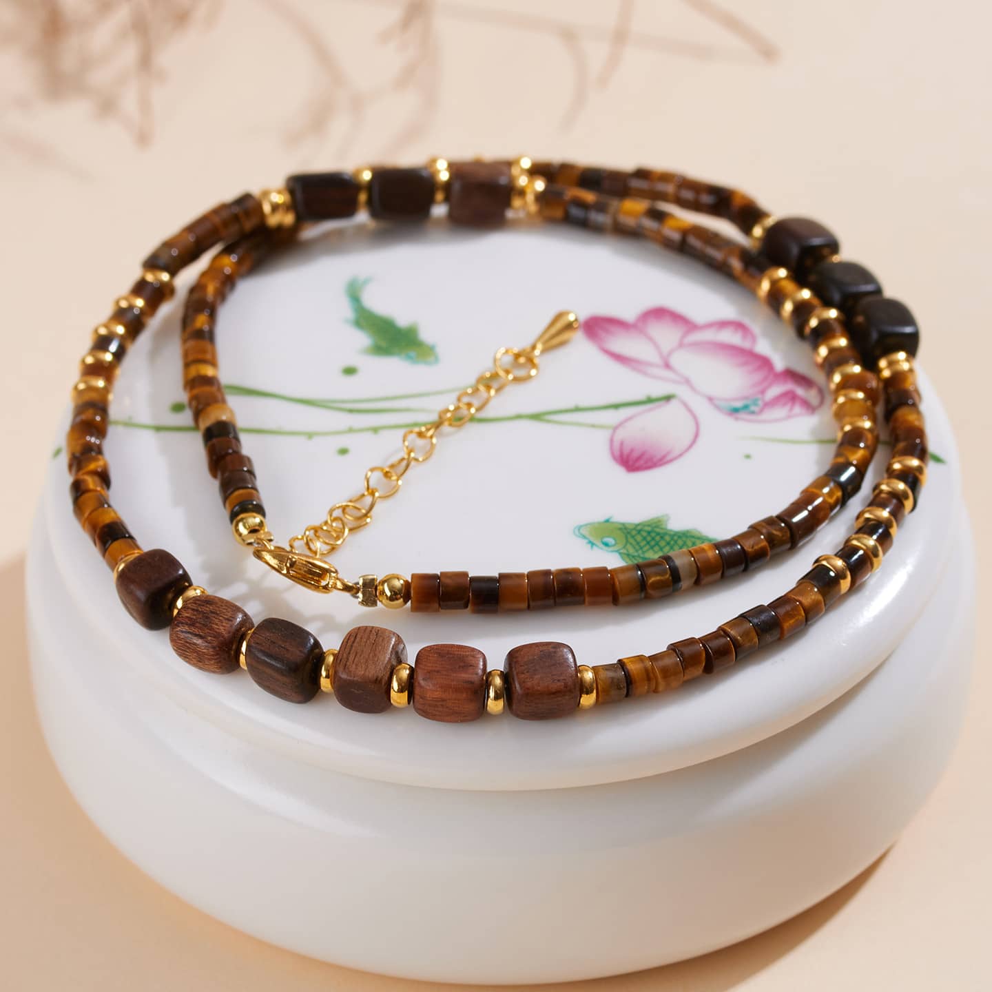 5 Senses tiger's eye anxiety necklace with gold accents and natural stone beads for calming effects