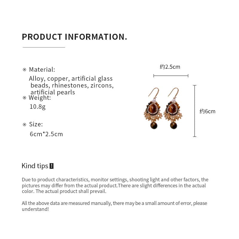 Tiger's eye anxiety relief earrings with alloy, copper, and sparkling rhinestones designed for stress reduction
