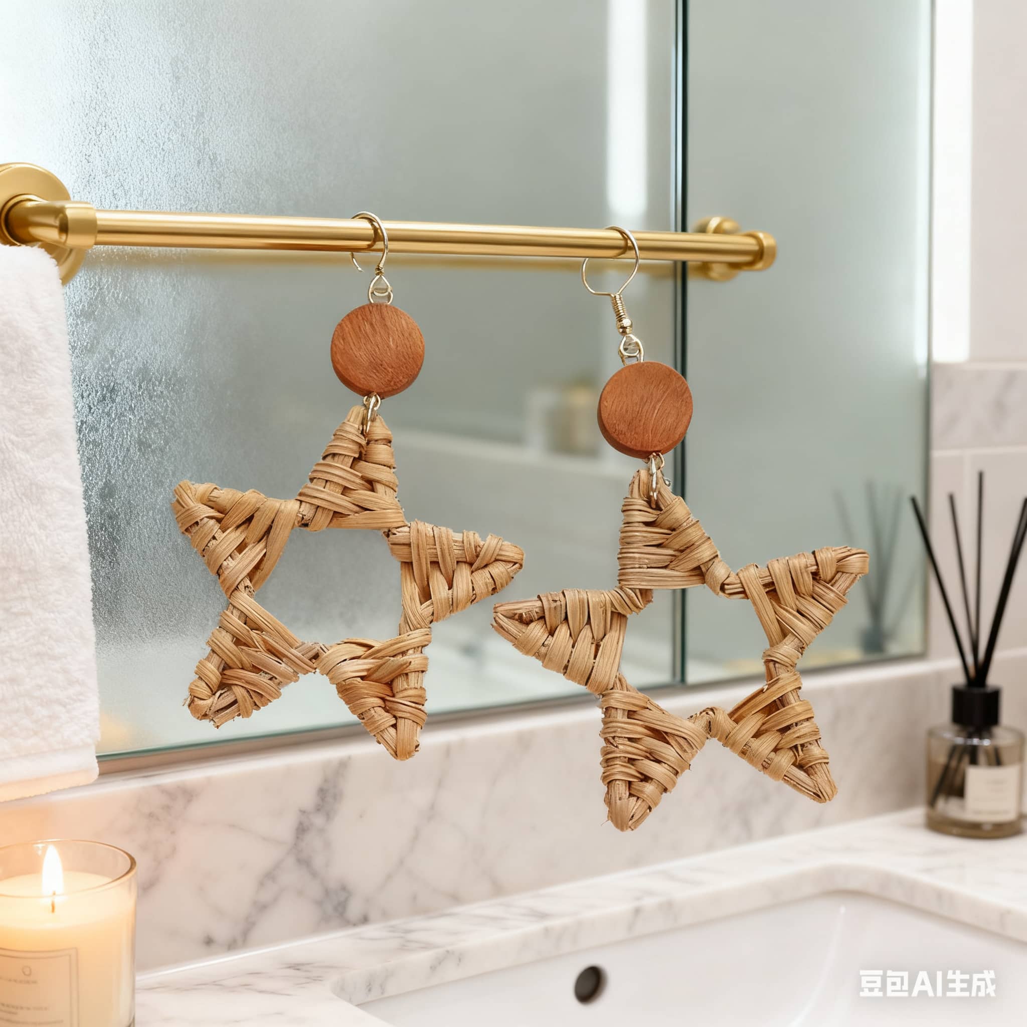 5 Senses wood and bamboo star earrings showcased in an elegant bathroom setting
