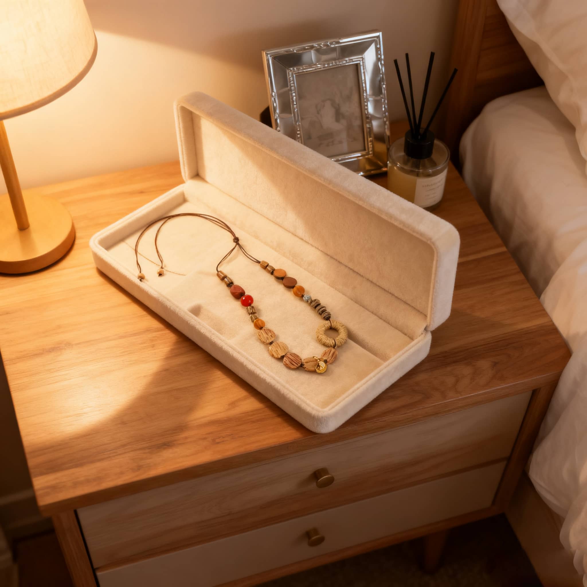 Calm necklace with woven pendant mindfulness jewelry displayed in a jewelry box on a bedside table