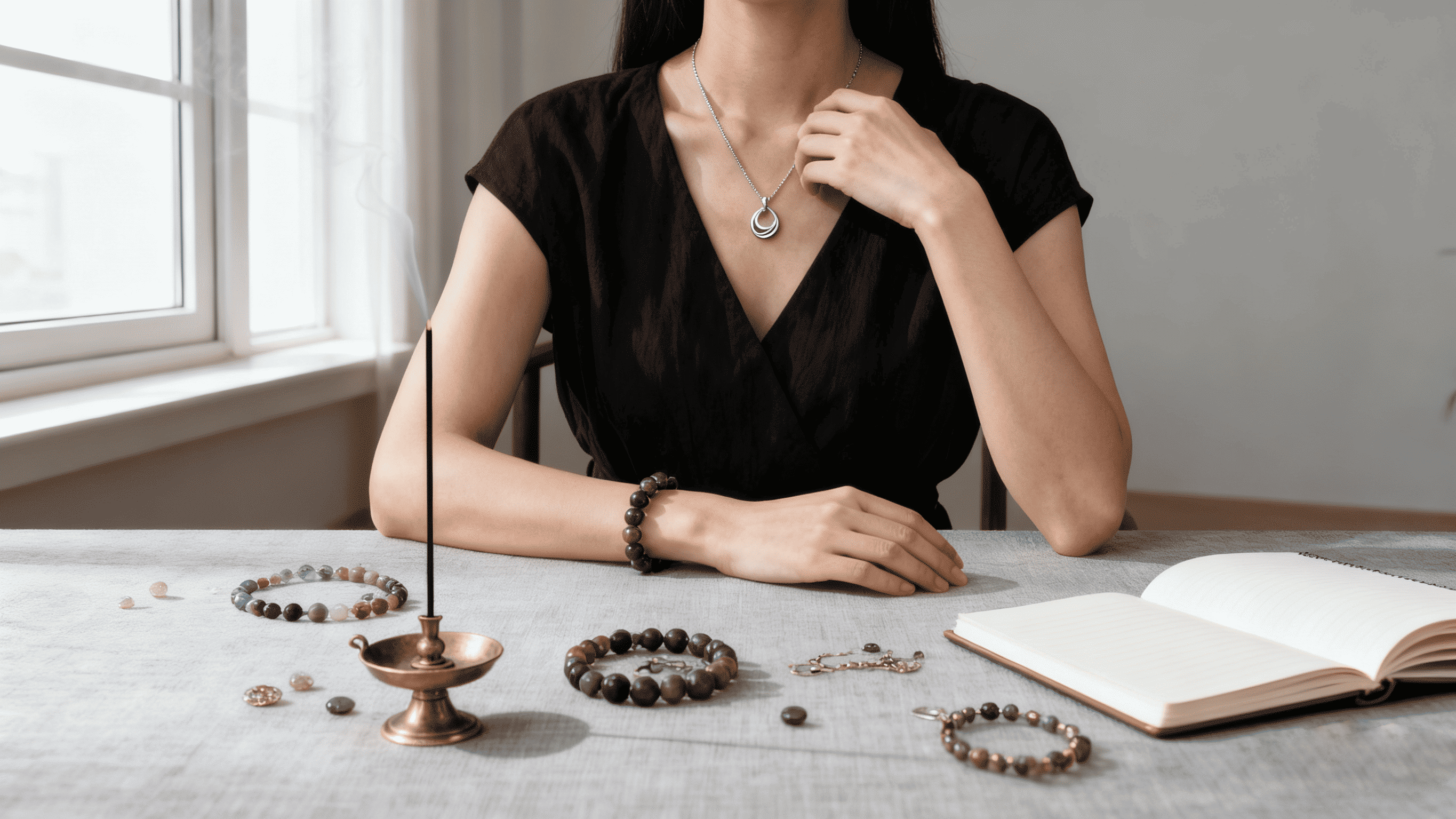 Meaningful self-care gifts displayed on a table, including jewelry, incense, and a notebook